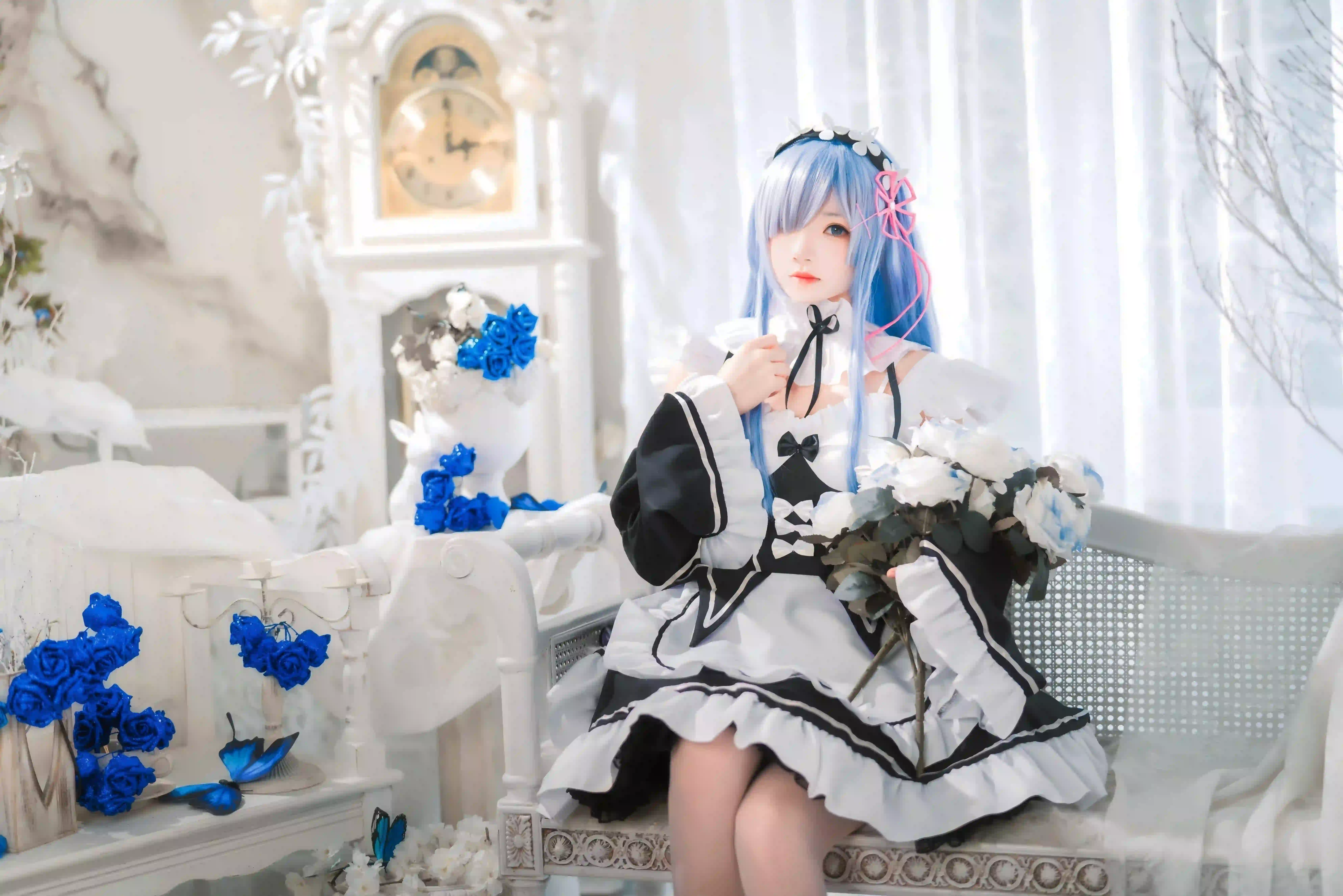 coser 雷姆 蓝色头发 性感美女 丝袜 白色丝袜 6