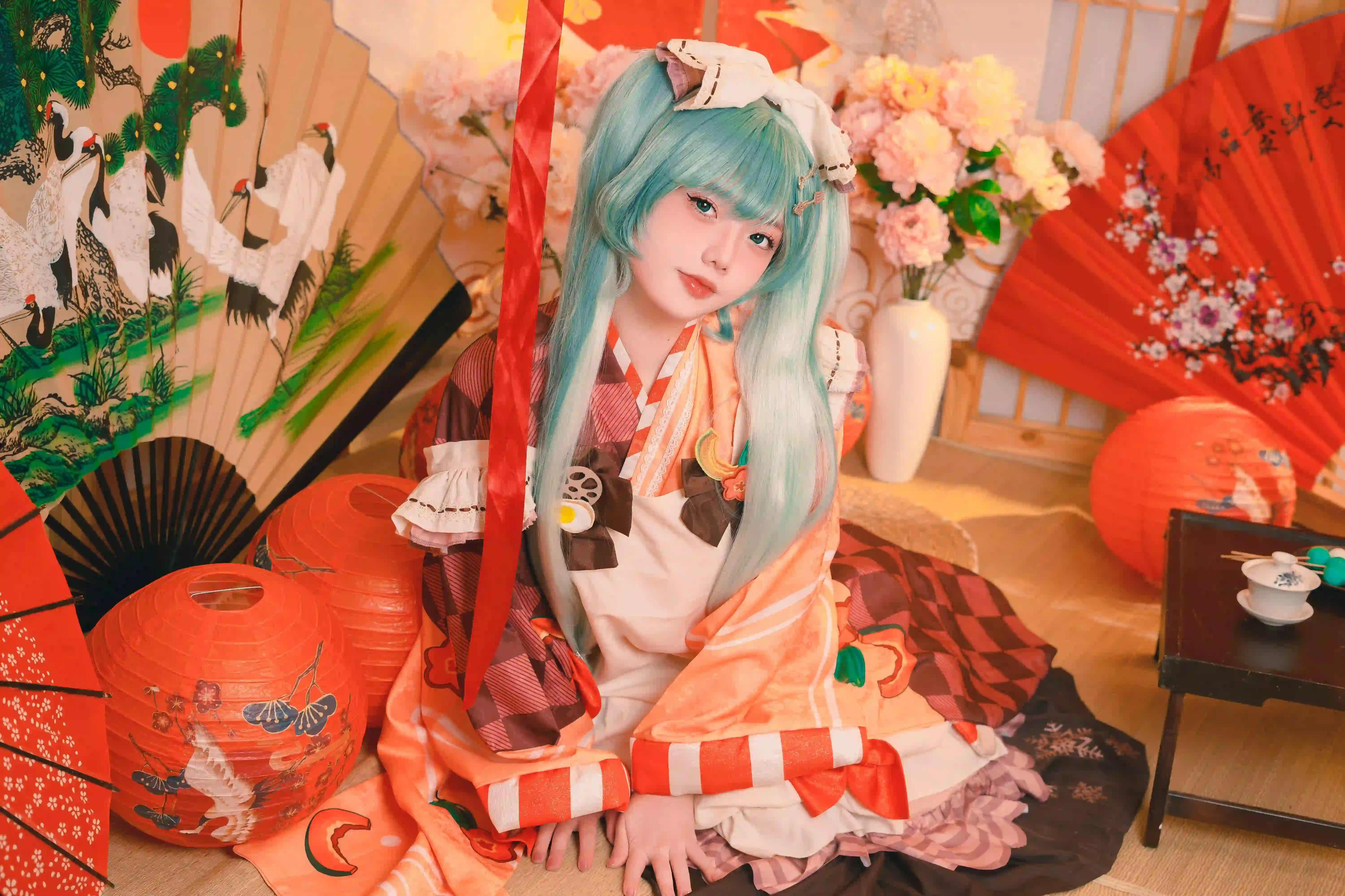 日式风格 绿色头发 cos 可爱 歪头