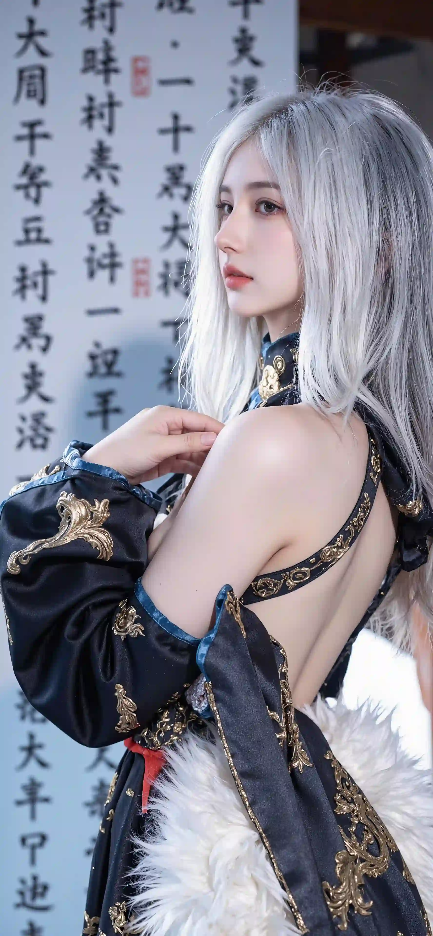 银发 古风 cosplay 女子 回眸 书法 背景