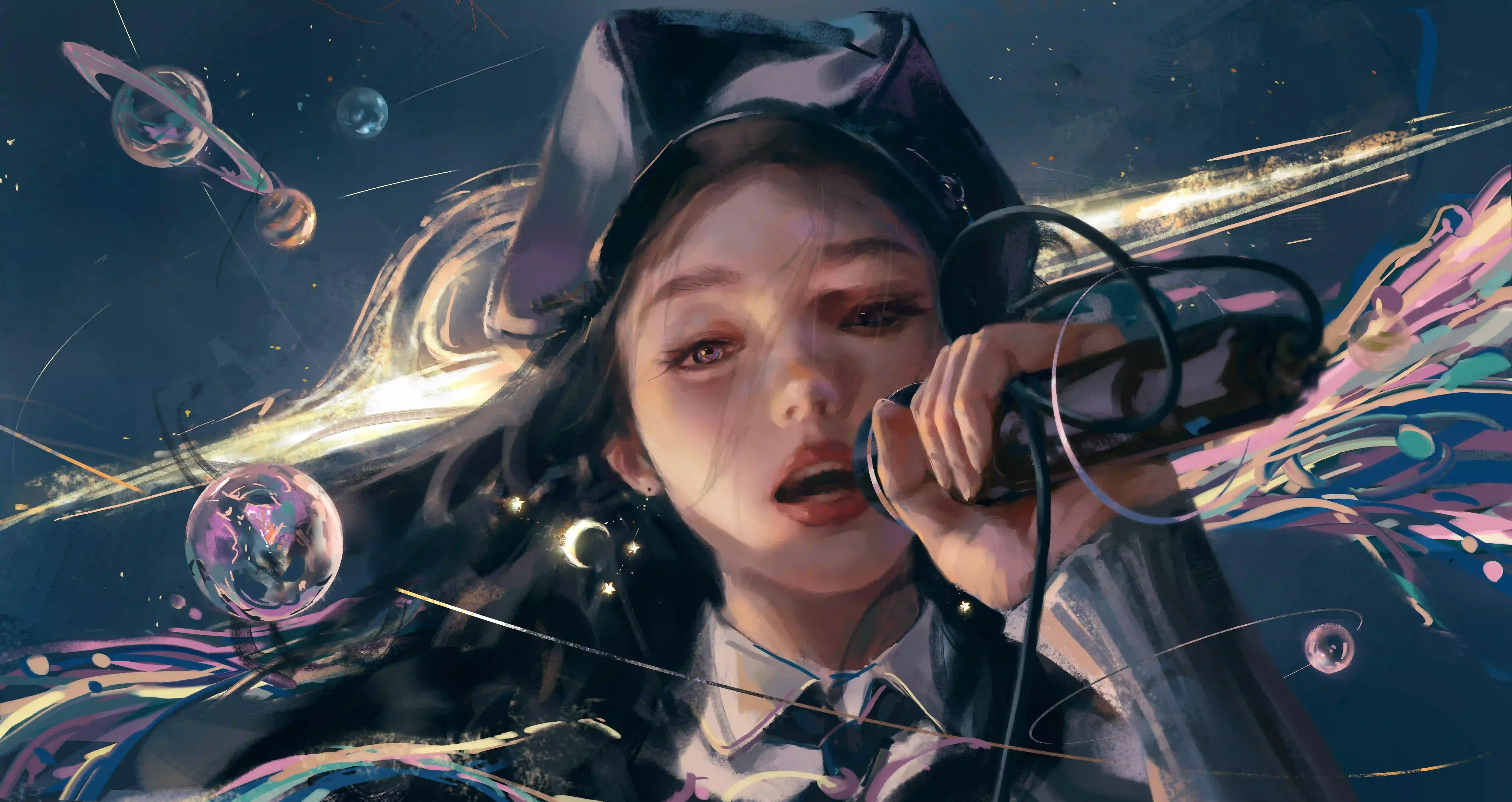 wlop 歌唱 宇宙背景 戴帽子的女孩 