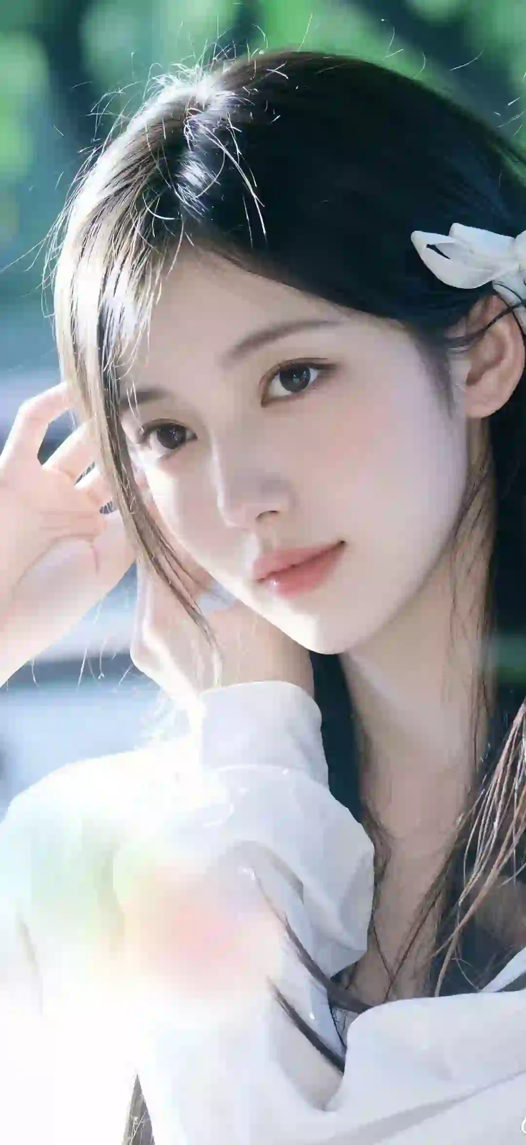 清纯系女孩 长发美女 白色衣服 白色头绳
