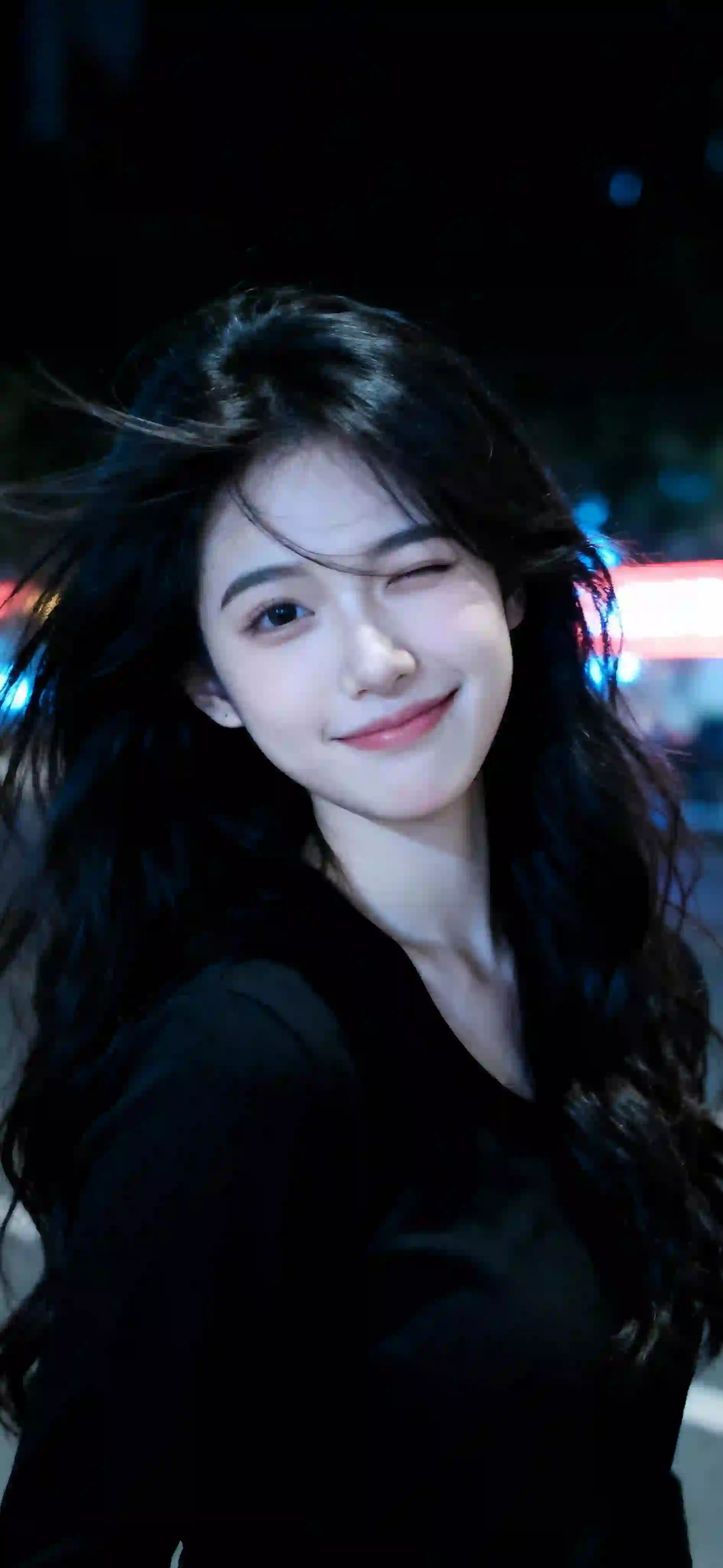 长发清纯美女 纯欲女孩 黑色衣服 户外 甜美微笑