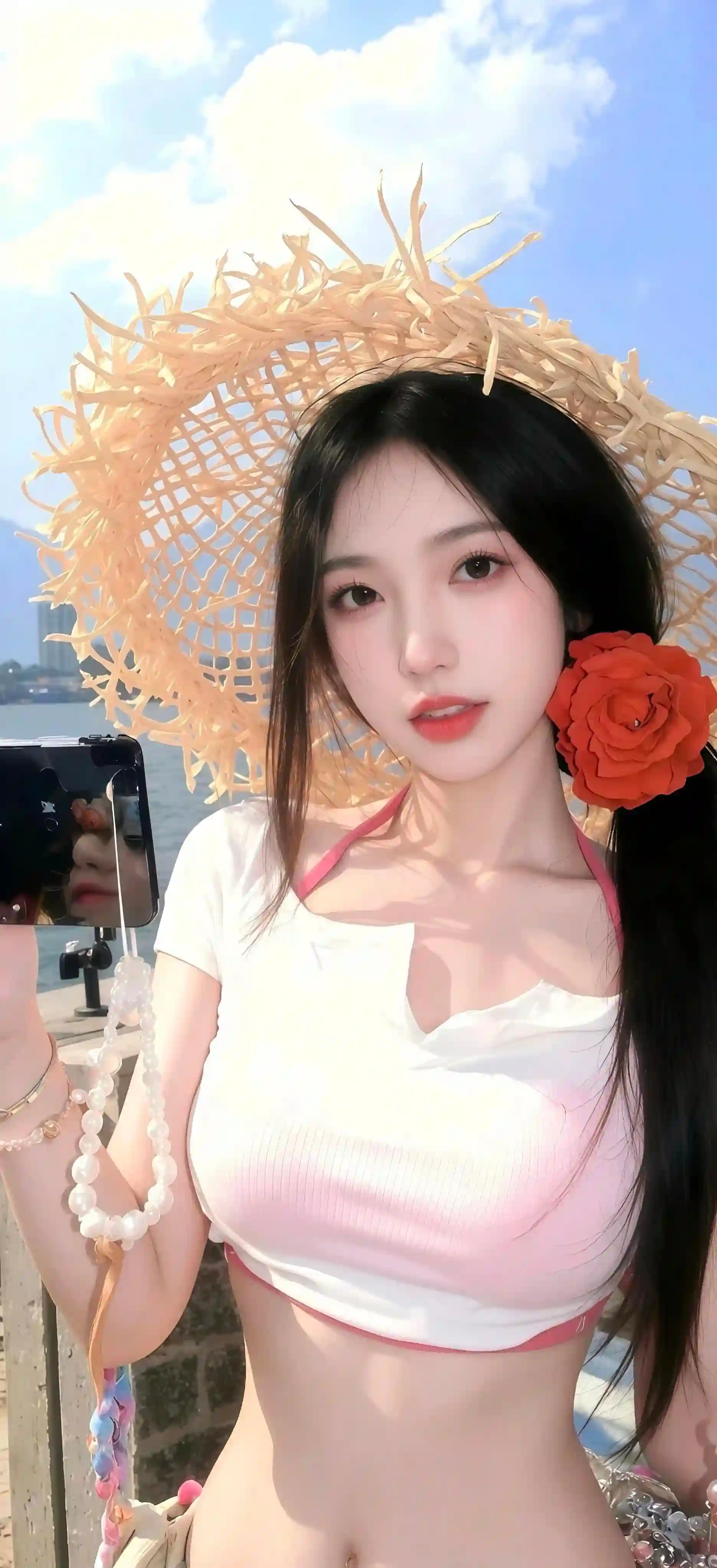 长发美女 可爱美女 头戴草帽的长发美女 自拍 大红花 性感美女 性感身材