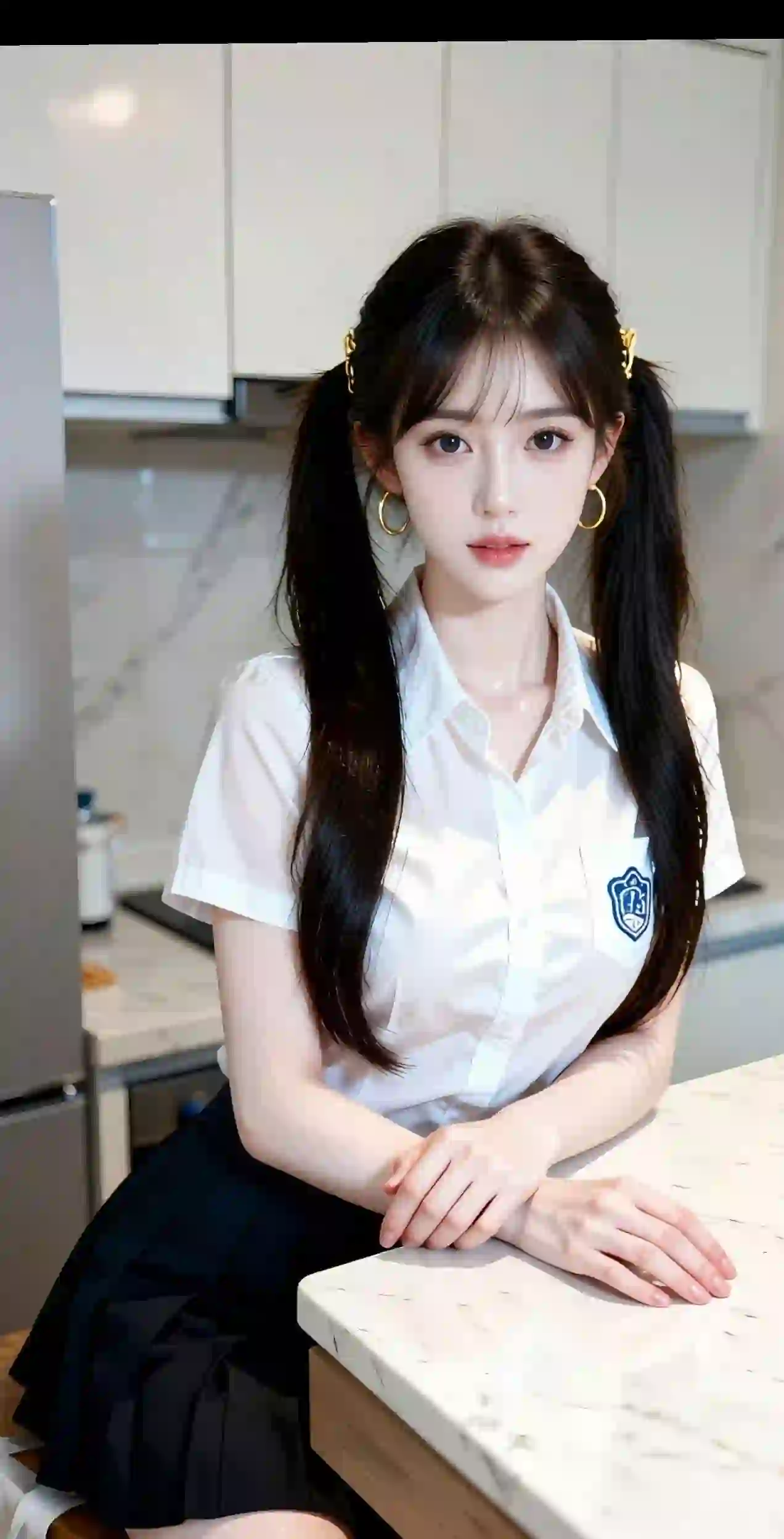 双马尾女孩 jk穿搭 白色衬衫 黑色短裙 教室场景 圆形耳环