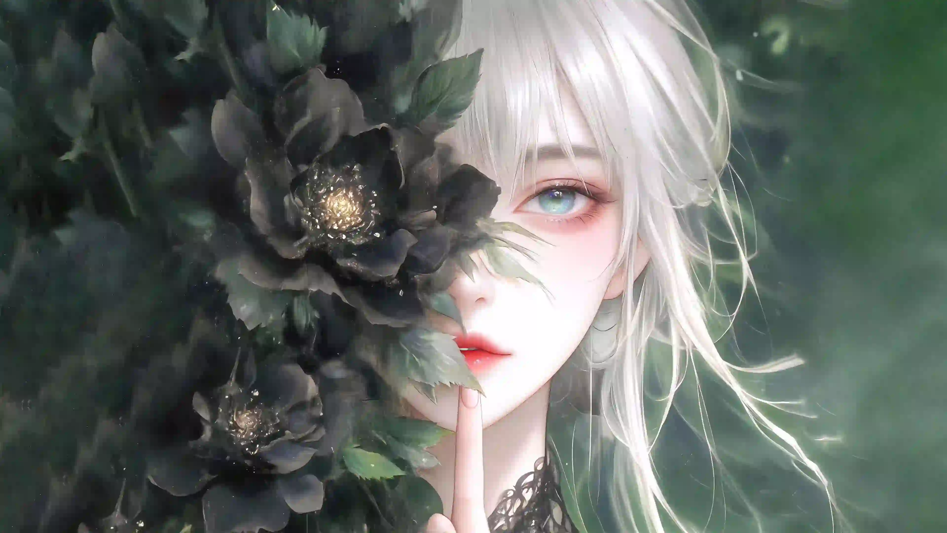 花瓣遮眼 动漫女孩 白色头发