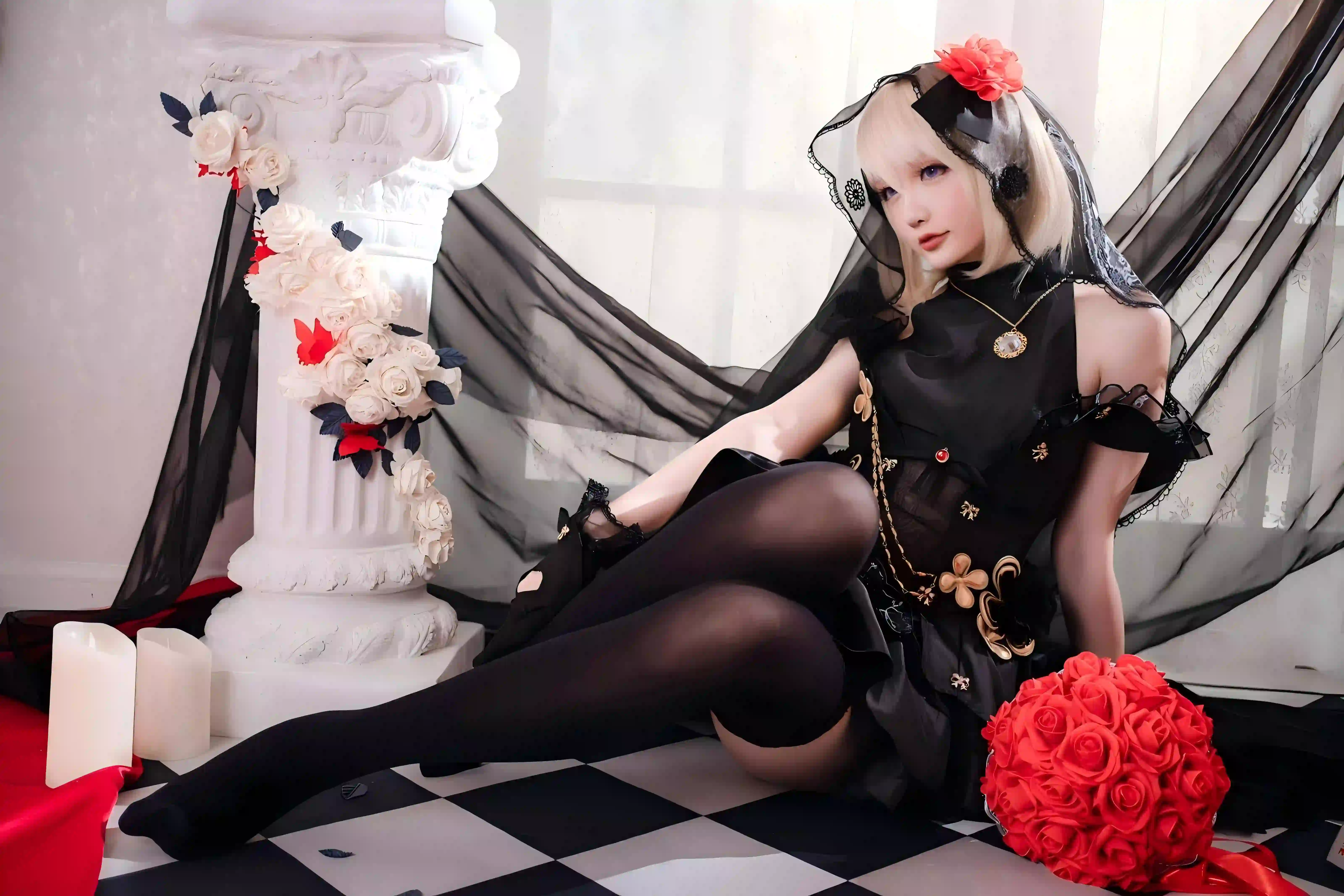 长发美女 长腿美女 黑色丝袜 红色花朵 4
