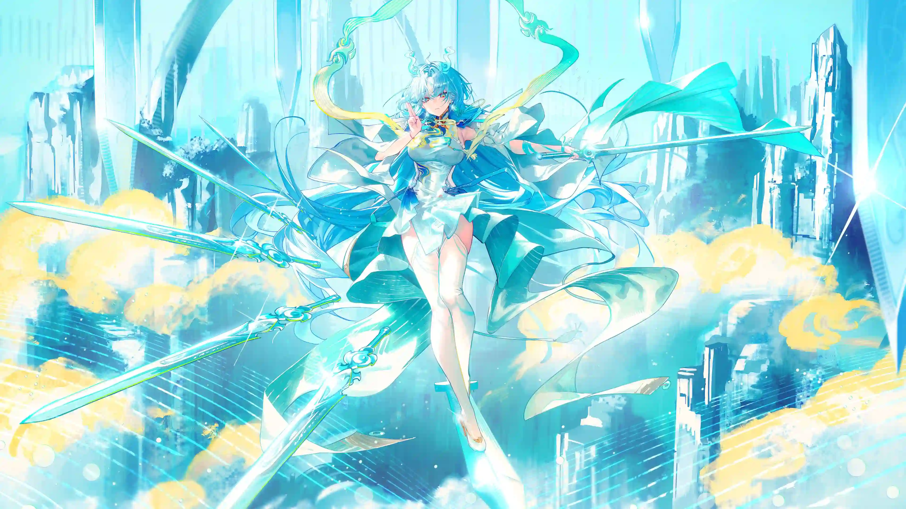 蓝发少女 仙侠 奇幻 飞剑 女神 仙境壁纸