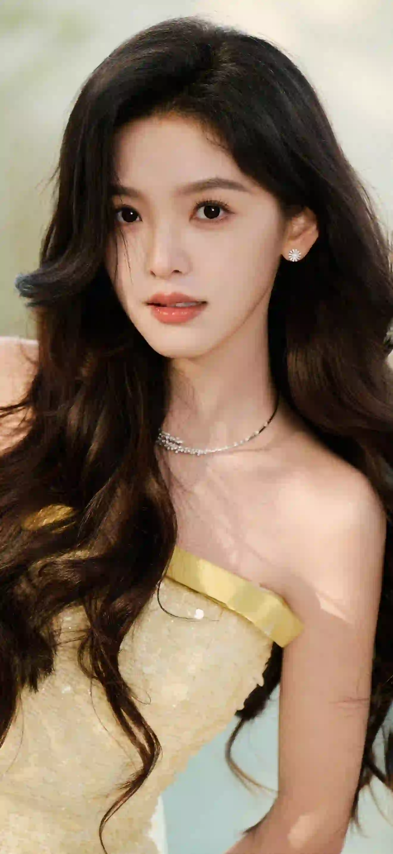长发美女 抹胸穿搭 章若楠 清纯美女 甜美 黄色抹胸裙子