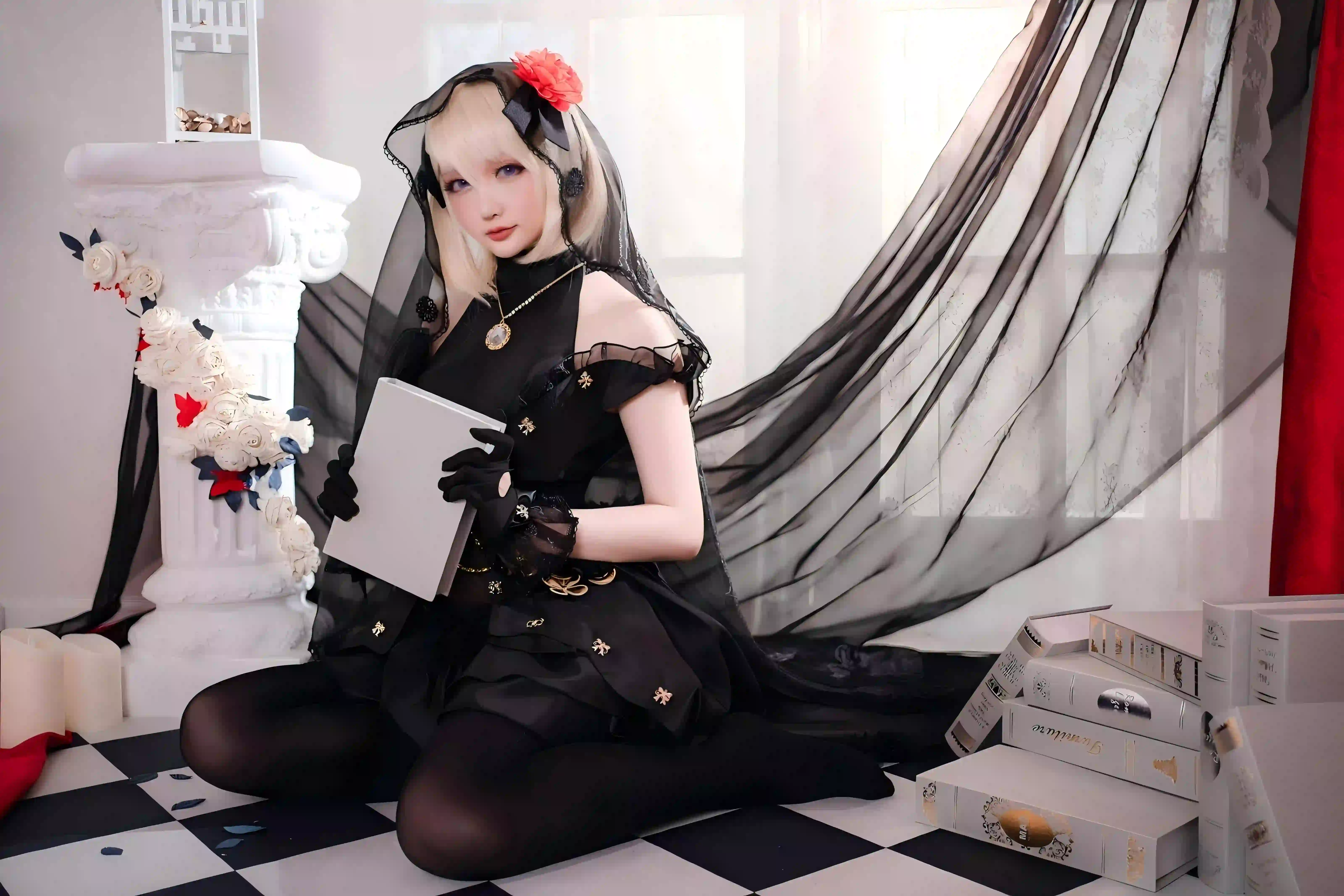 长发美女 长腿美女 黑色丝袜 红色花朵 6