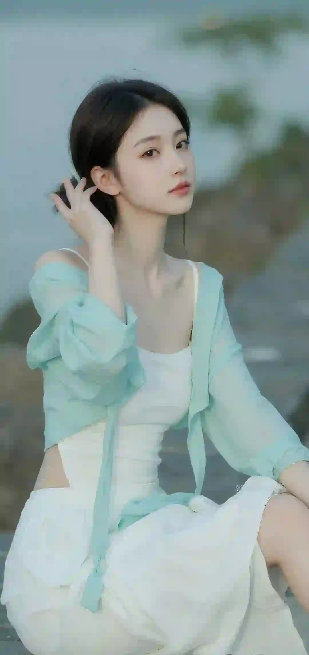 长发美女 白色长裙 优雅