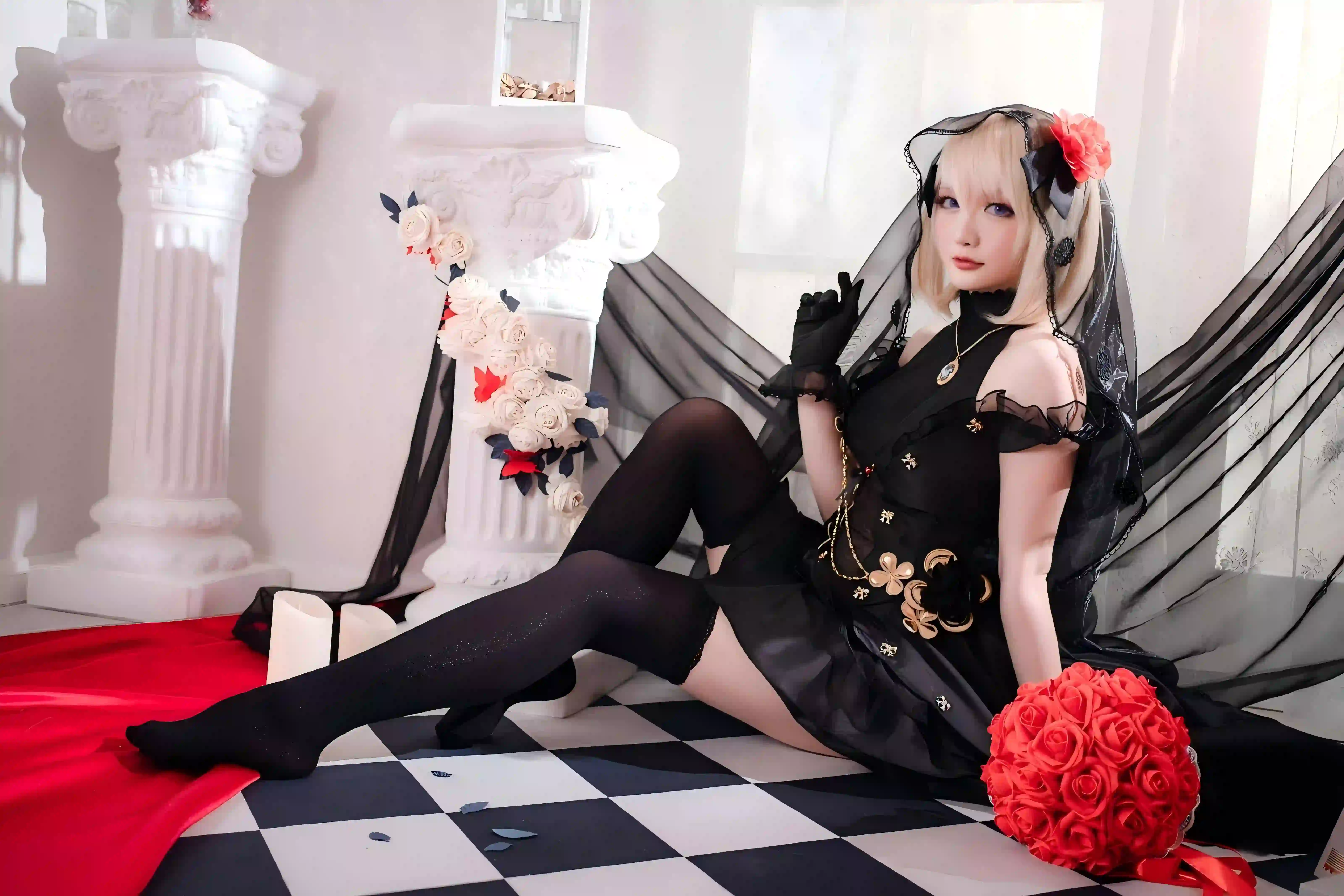 长发美女 长腿美女 黑色丝袜 红色花朵 5