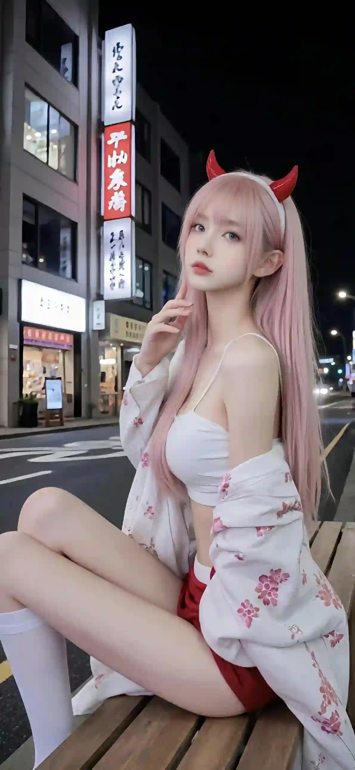 粉色头发 恶魔角 夜景 街头 cosplay 和服 长发少女