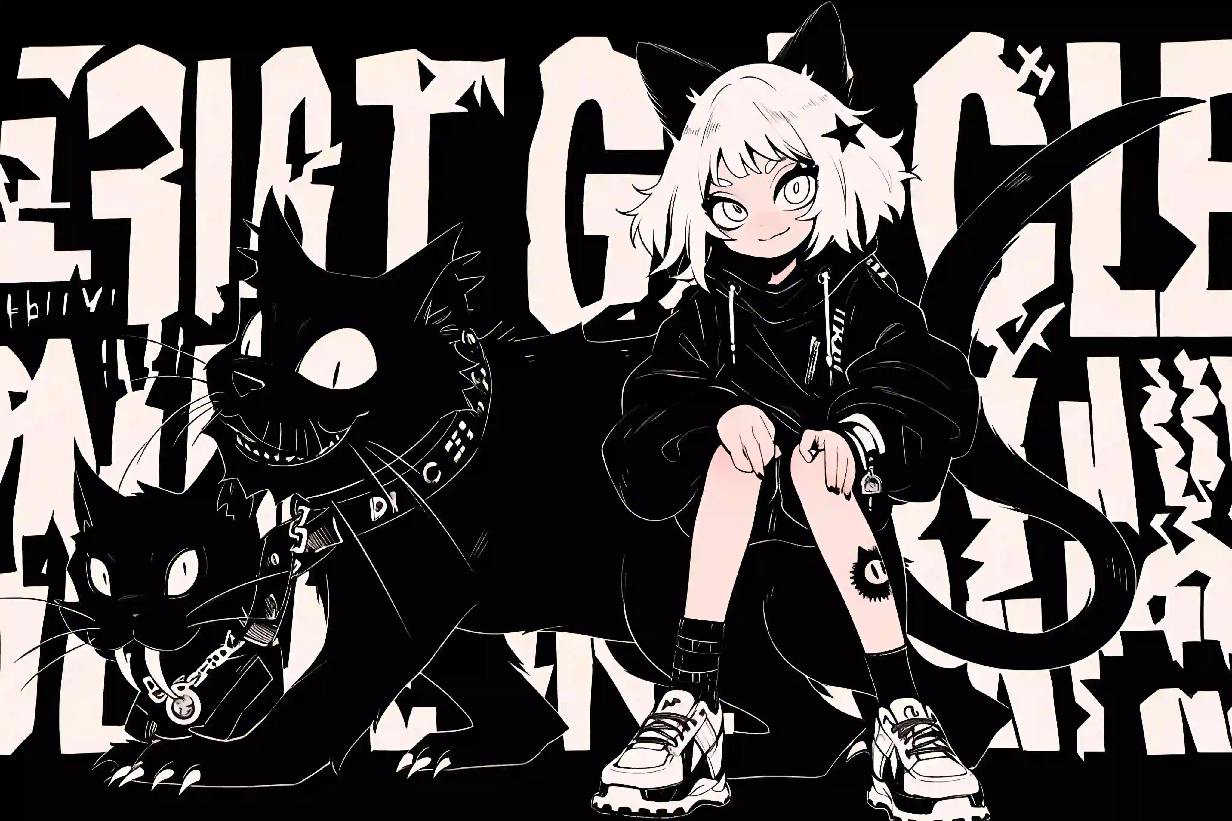 动漫女孩 黑白风格 猫咪 文字背景