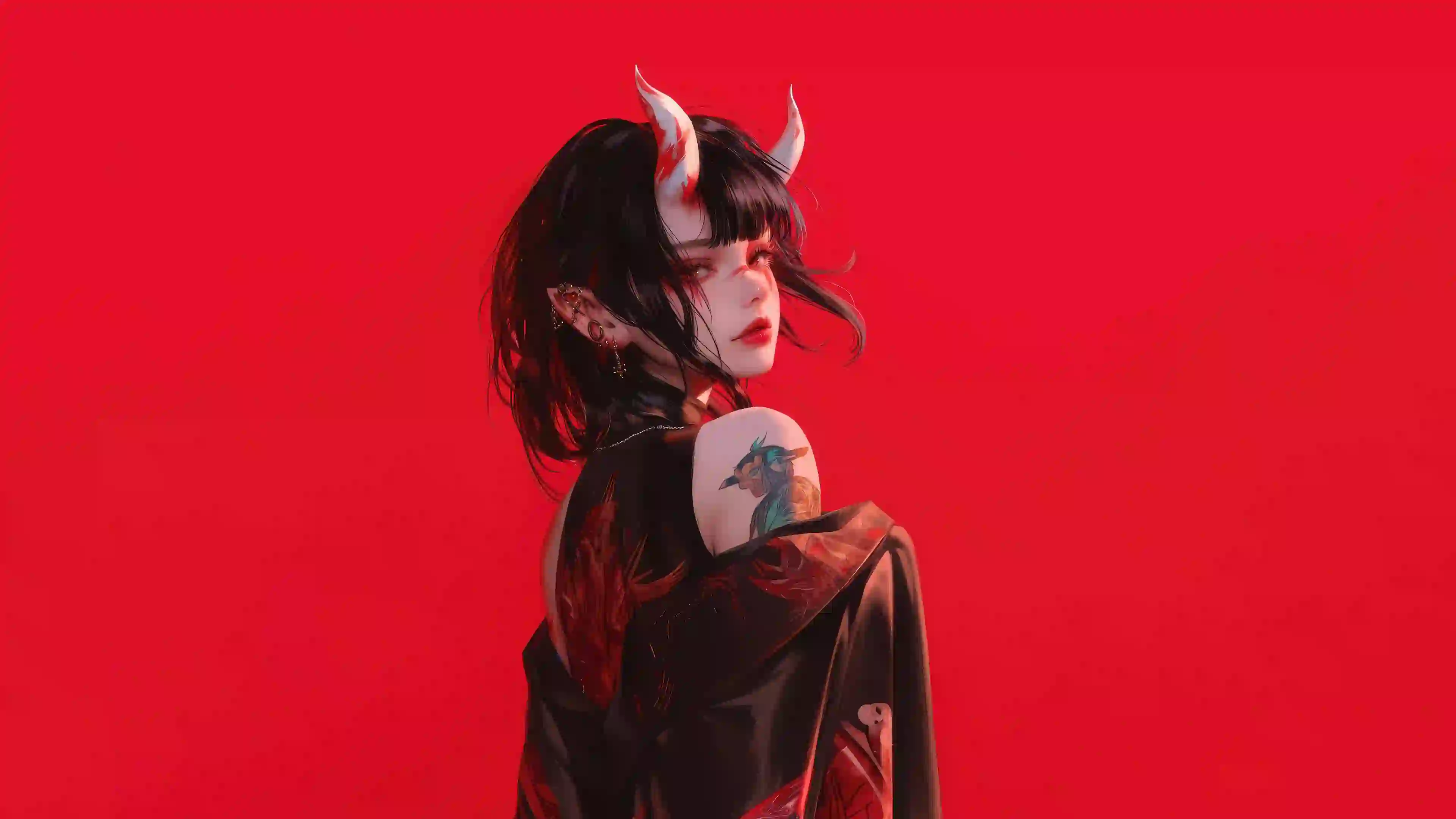红色背景 角 动漫女孩 二次元女孩