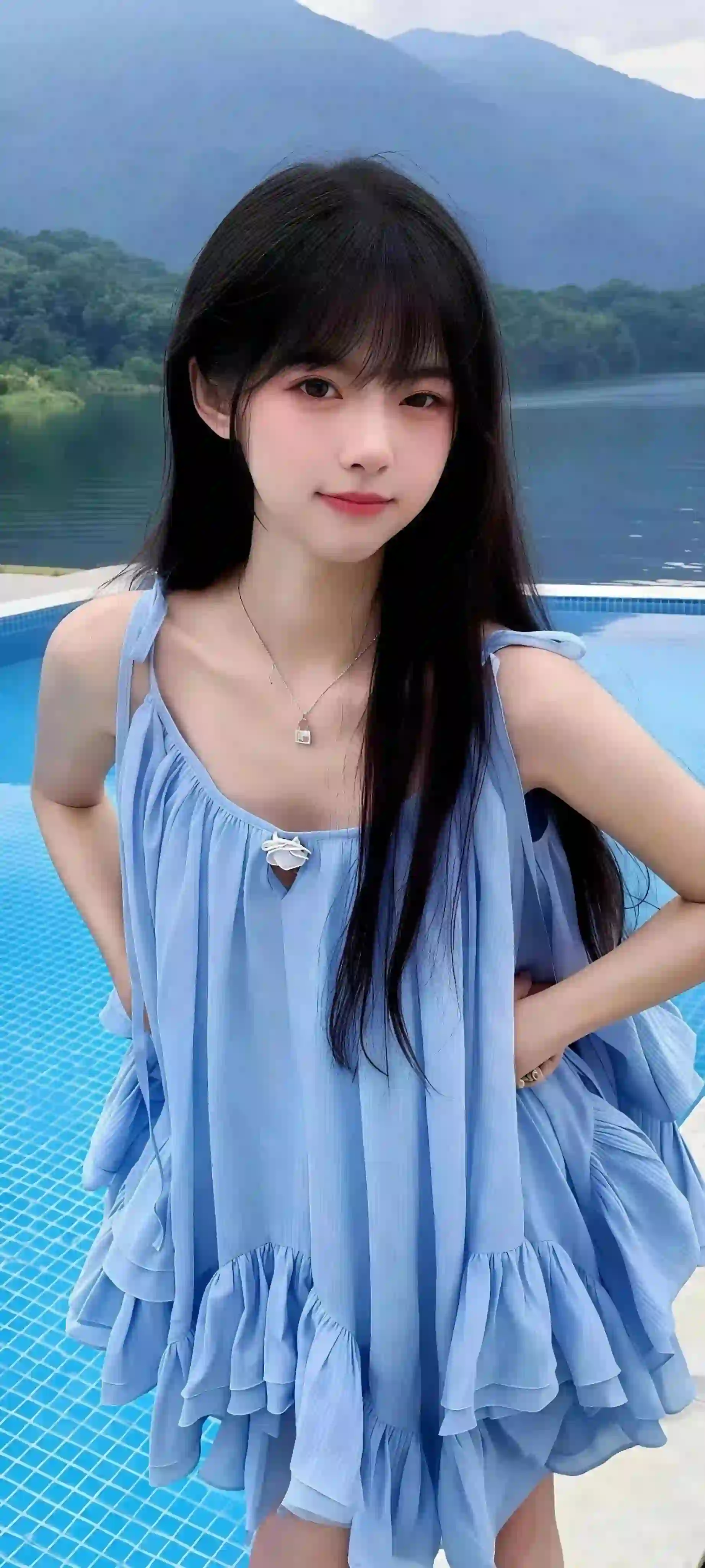 泳池美女 蓝色吊带裙美女 可爱