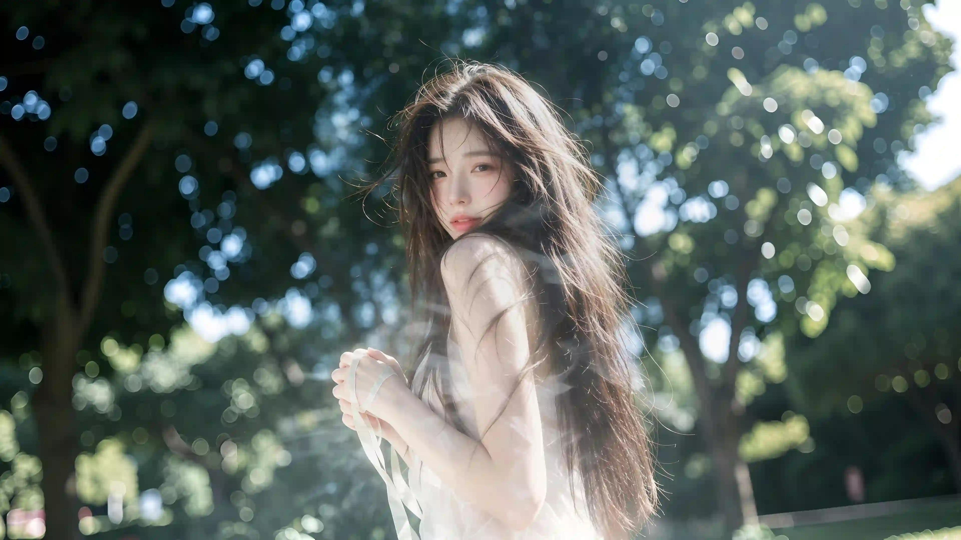 阳光 清纯女孩 白色裙子 户外 绿树 光斑