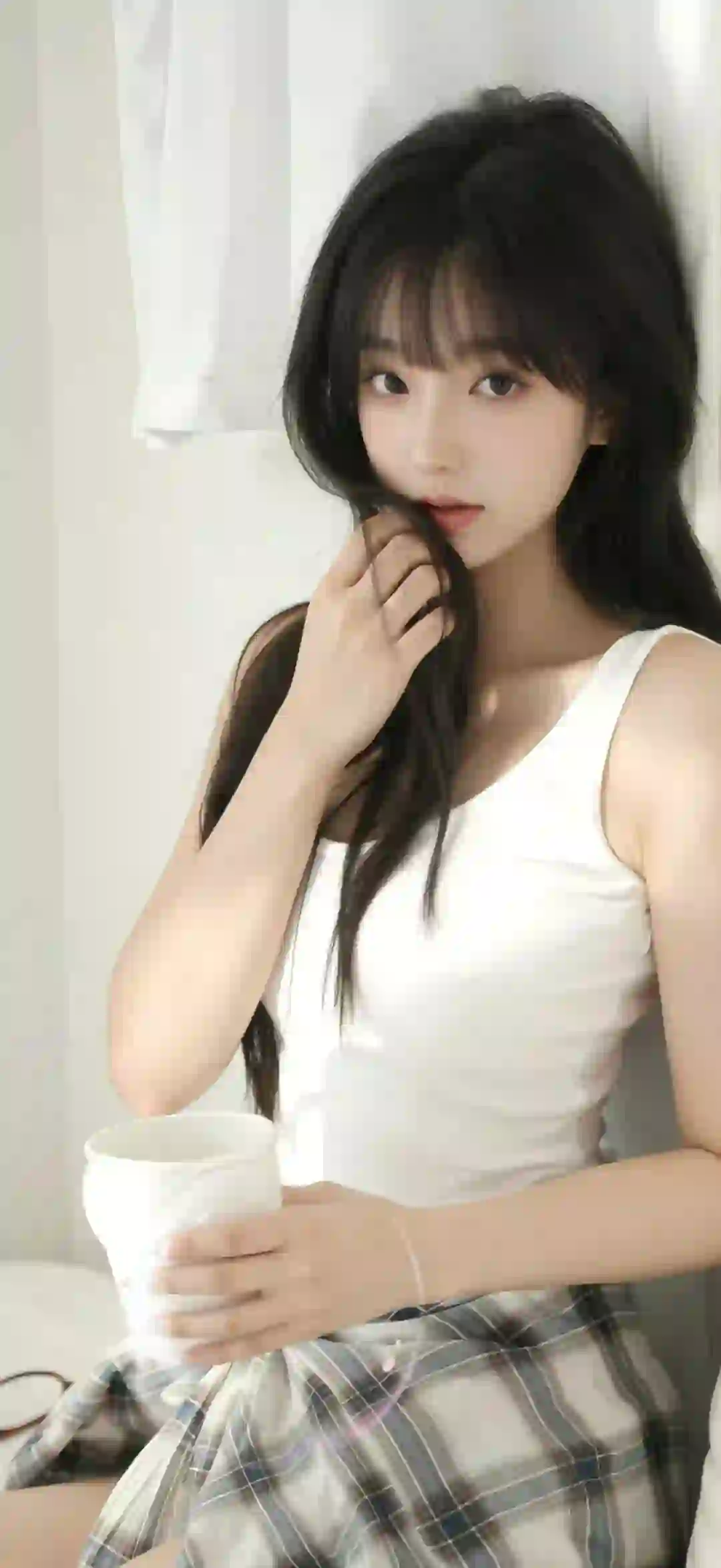 长发可爱女孩 格子衣服 可爱