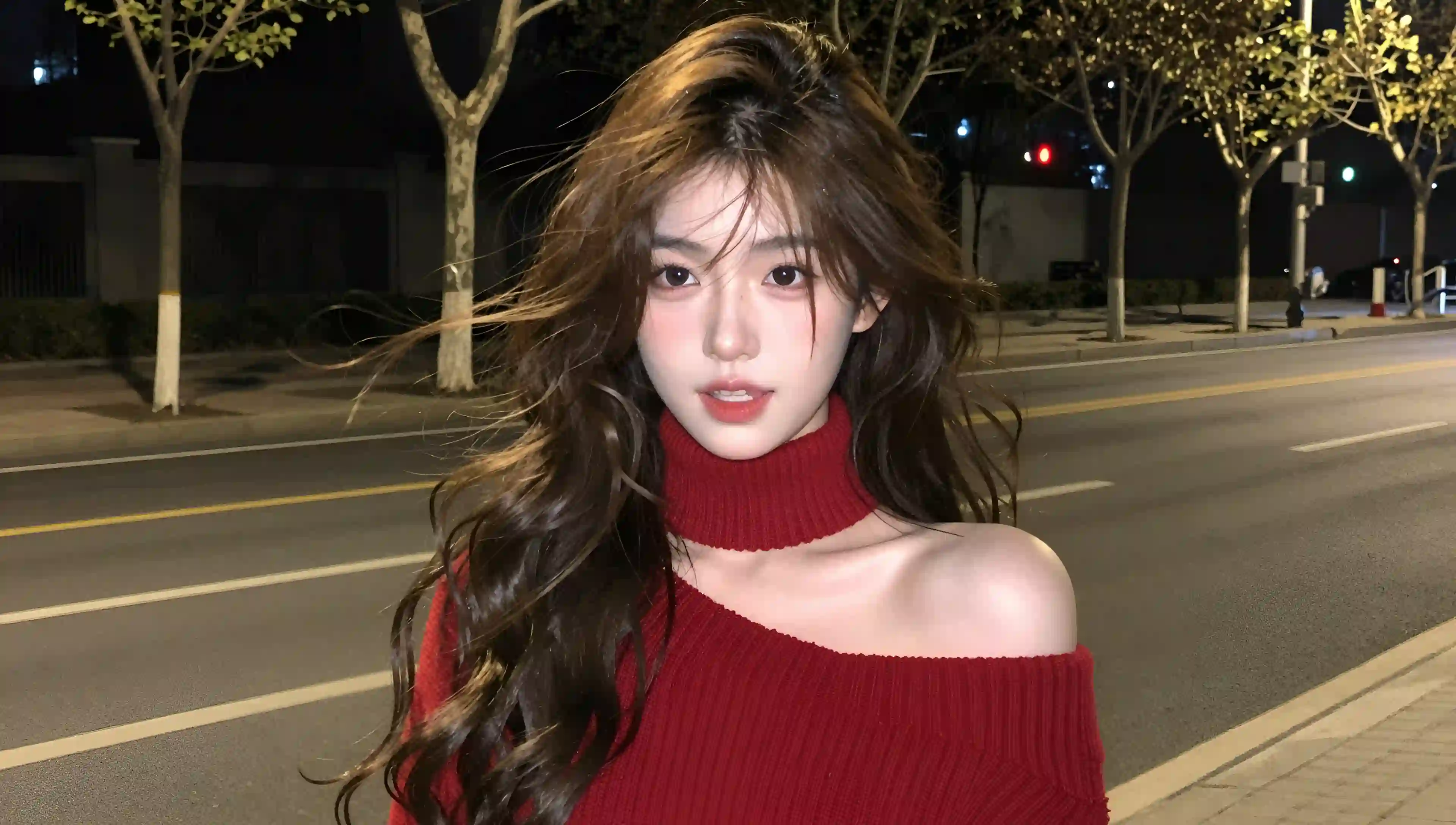 红色露肩毛衣 长发美女 夜晚街道 气质人像