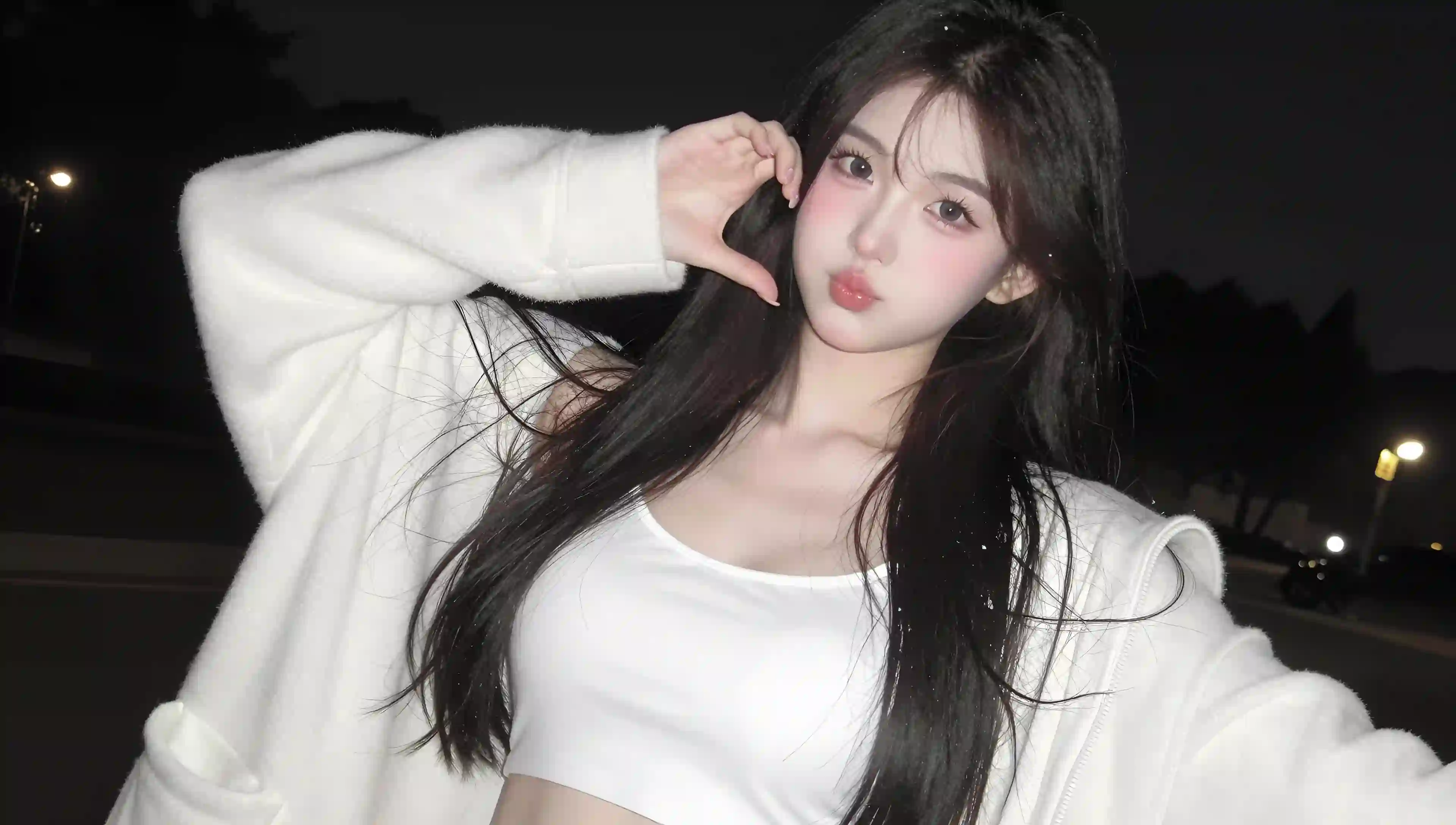 夜晚 街拍 女孩 白色 毛绒外套 时尚