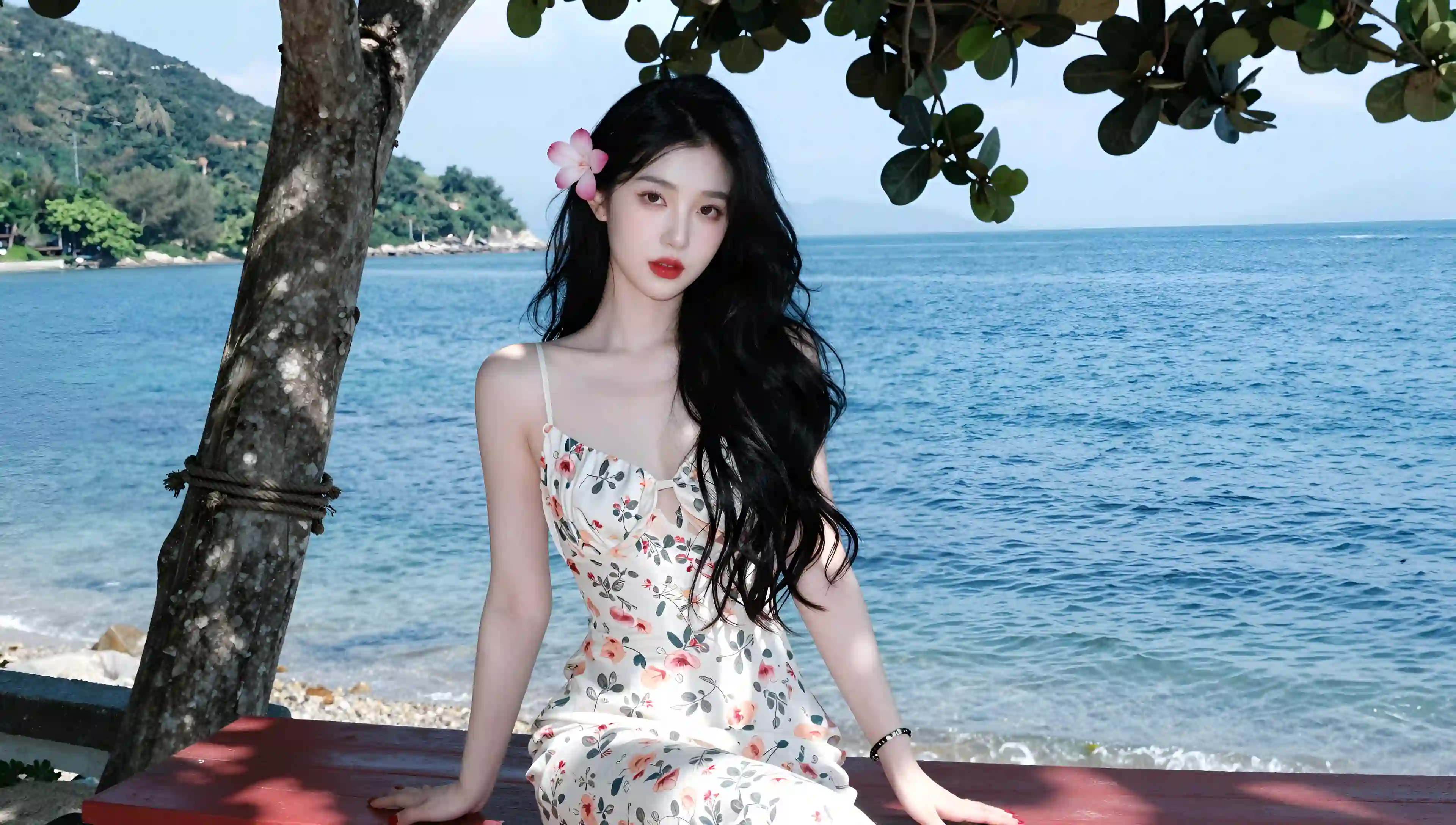 海边 少女 吊带裙 花卉 清新 风景