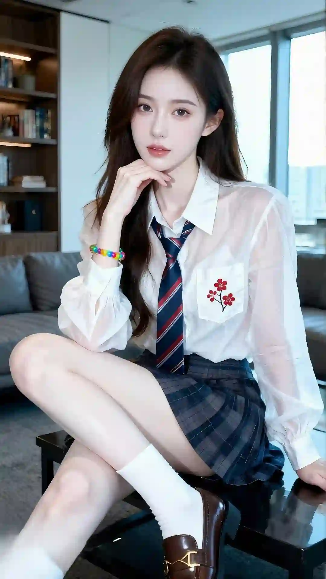 白色衬衫 红色花朵装饰 长腿美女 纯欲风