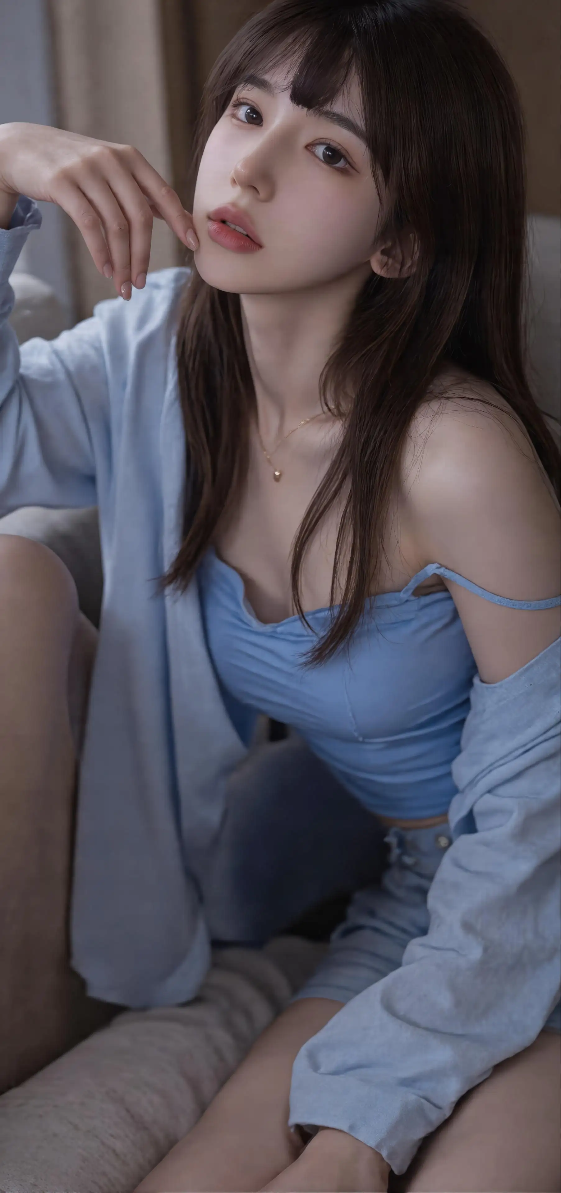 氛围感AI美女，蓝色吊带纯欲风春日少女手机壁纸图片