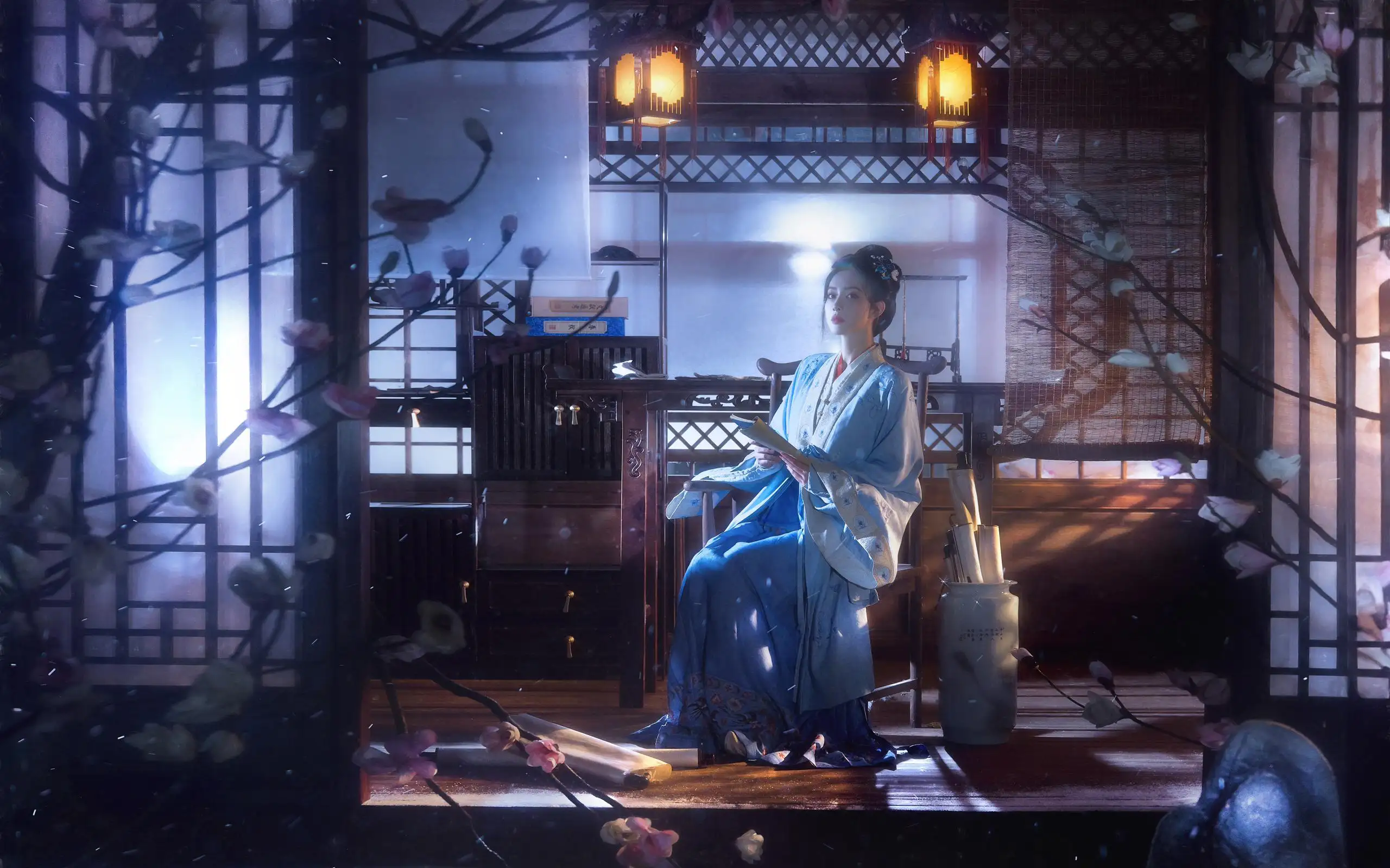 蓝色古风衣服美女孟子义桌面壁纸