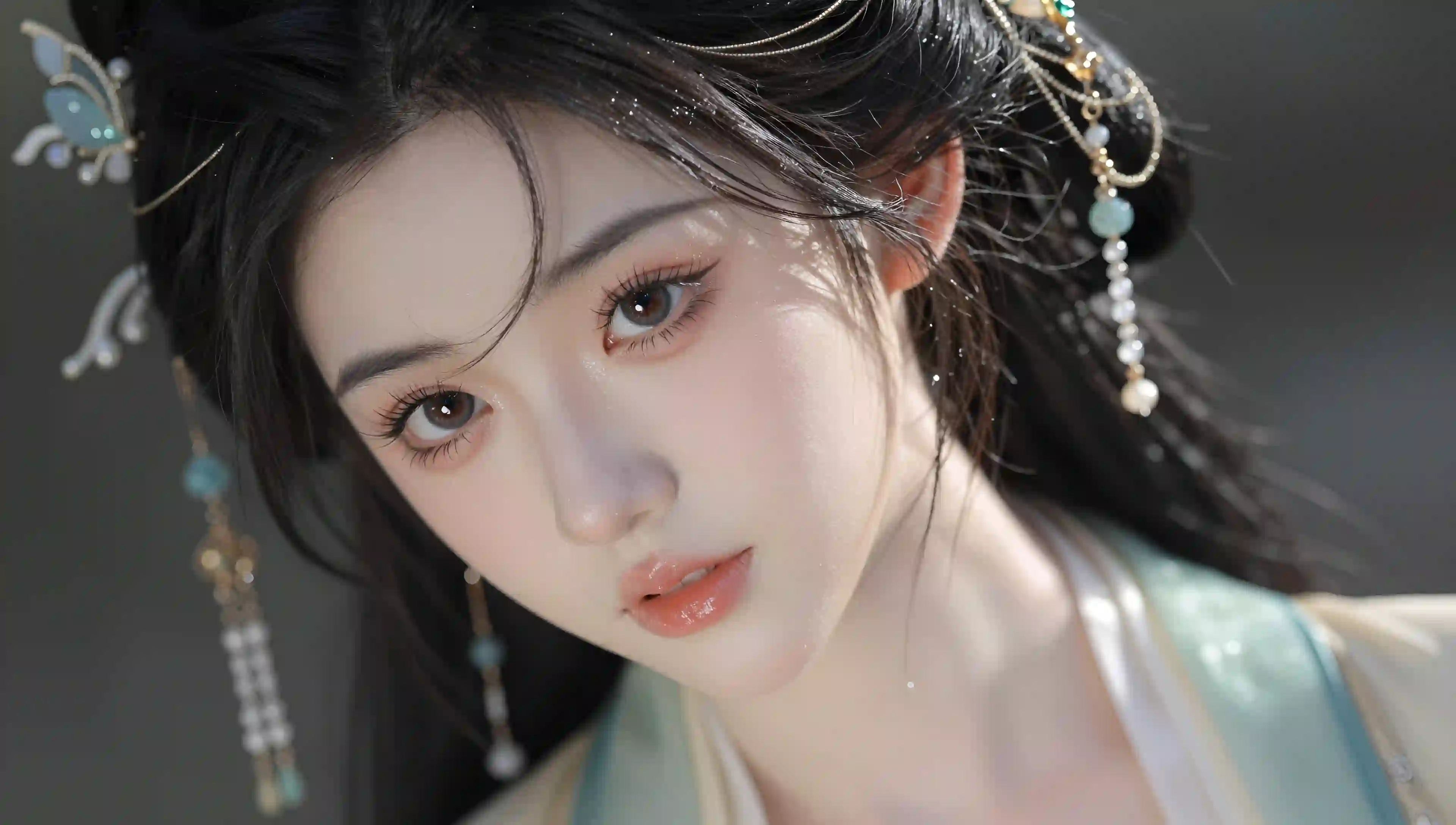古风美女 汉服 蝴蝶发簪 珍珠流苏 精致妆容 人像特写