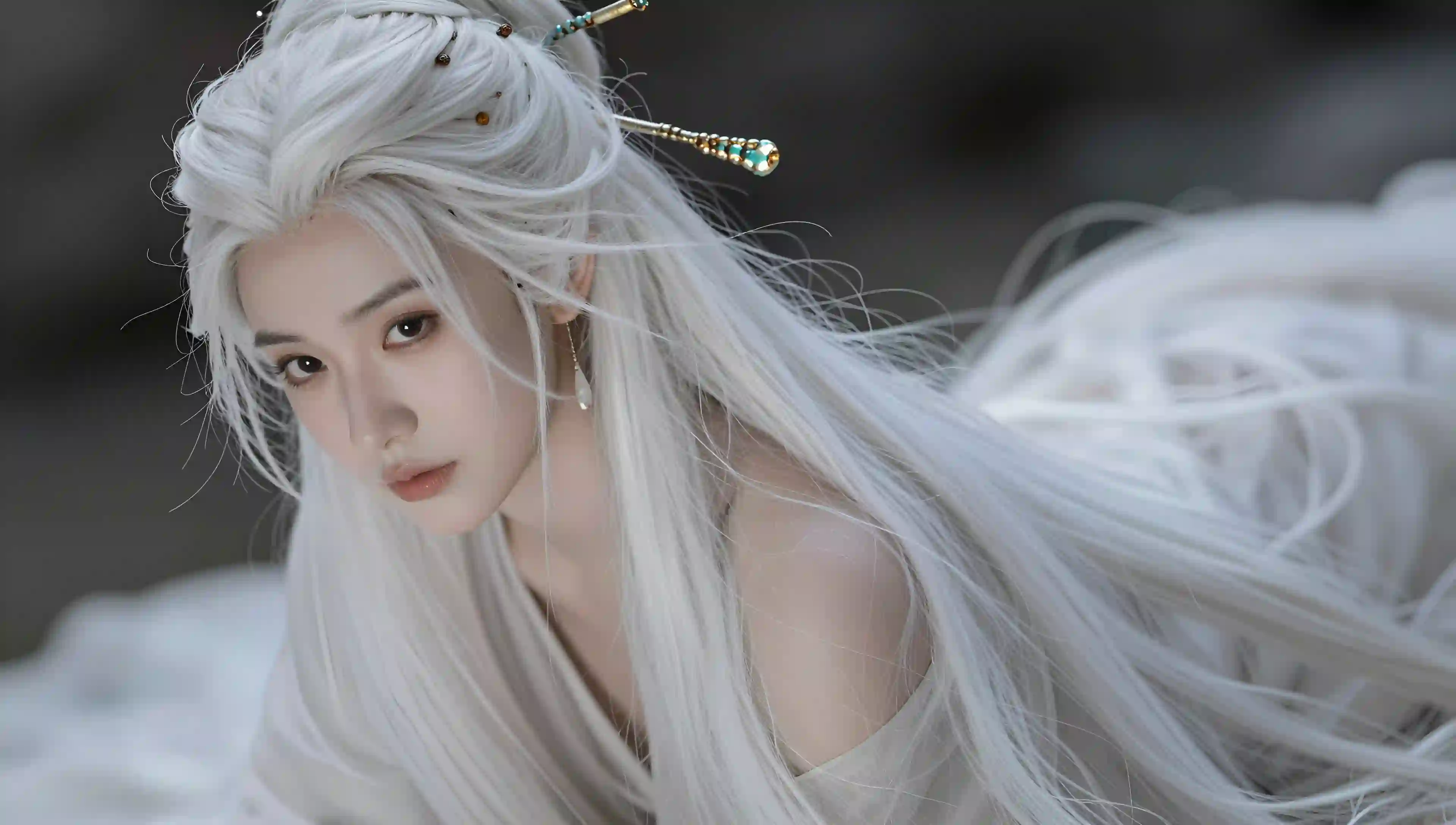 银发 古风 少女 精致妆容 发饰 特写 唯美