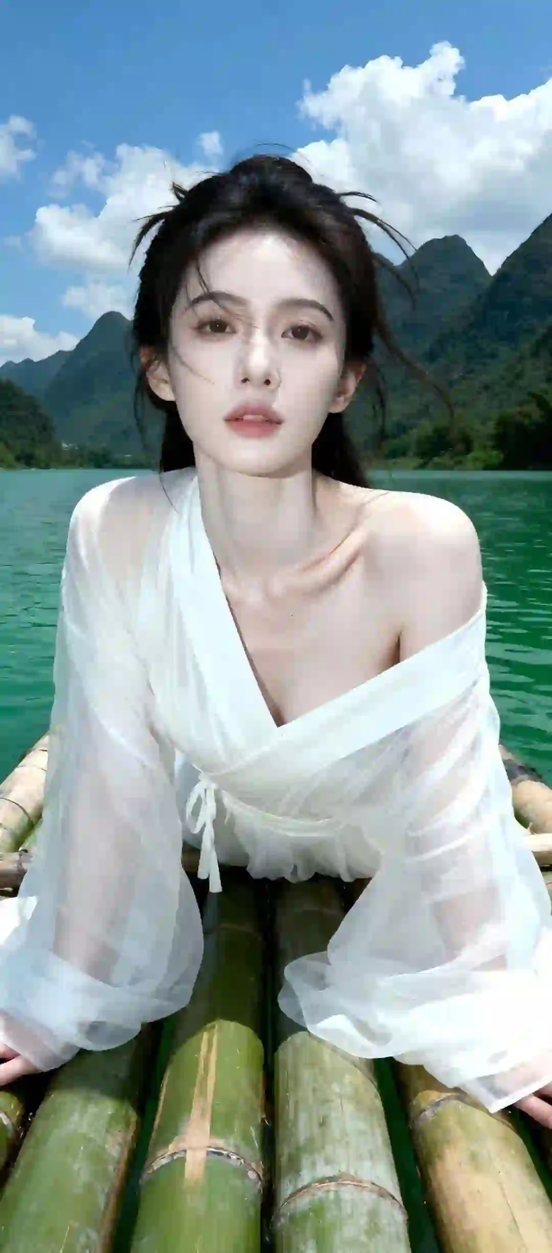美女 长发美女 竹筏上的性感美女 漏肩穿搭