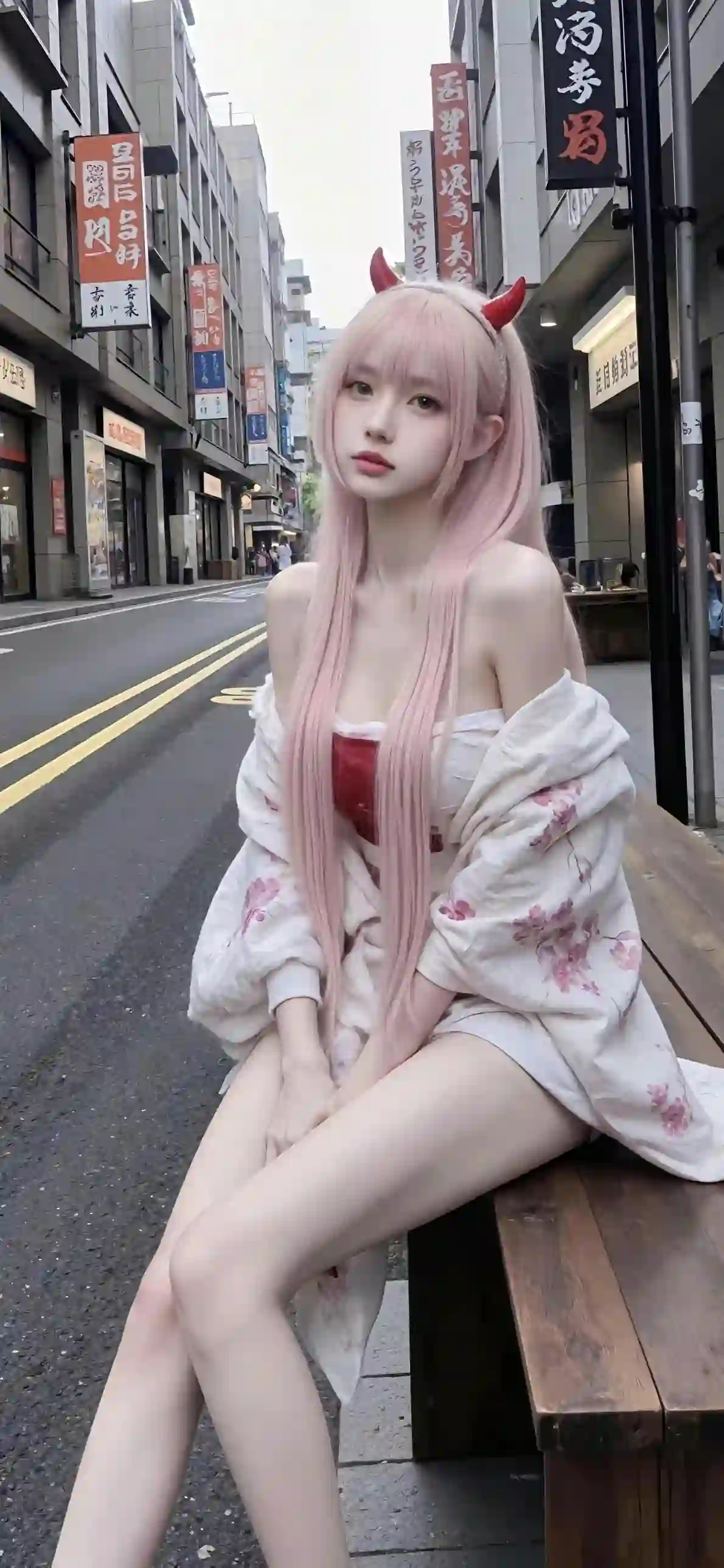 粉色头发 恶魔角 和服 日本街拍 COS壁纸 少女