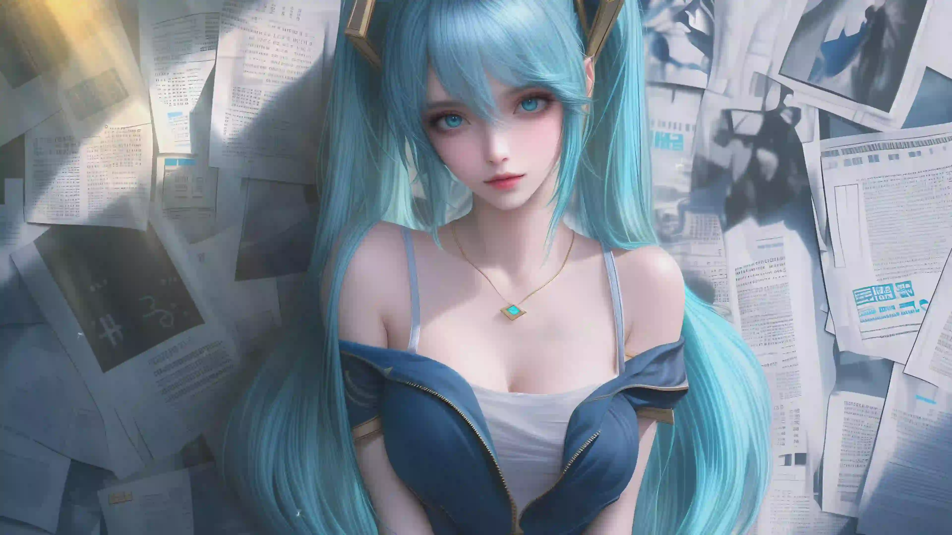 保质期 双马尾动漫女孩 蓝色长发 吊带