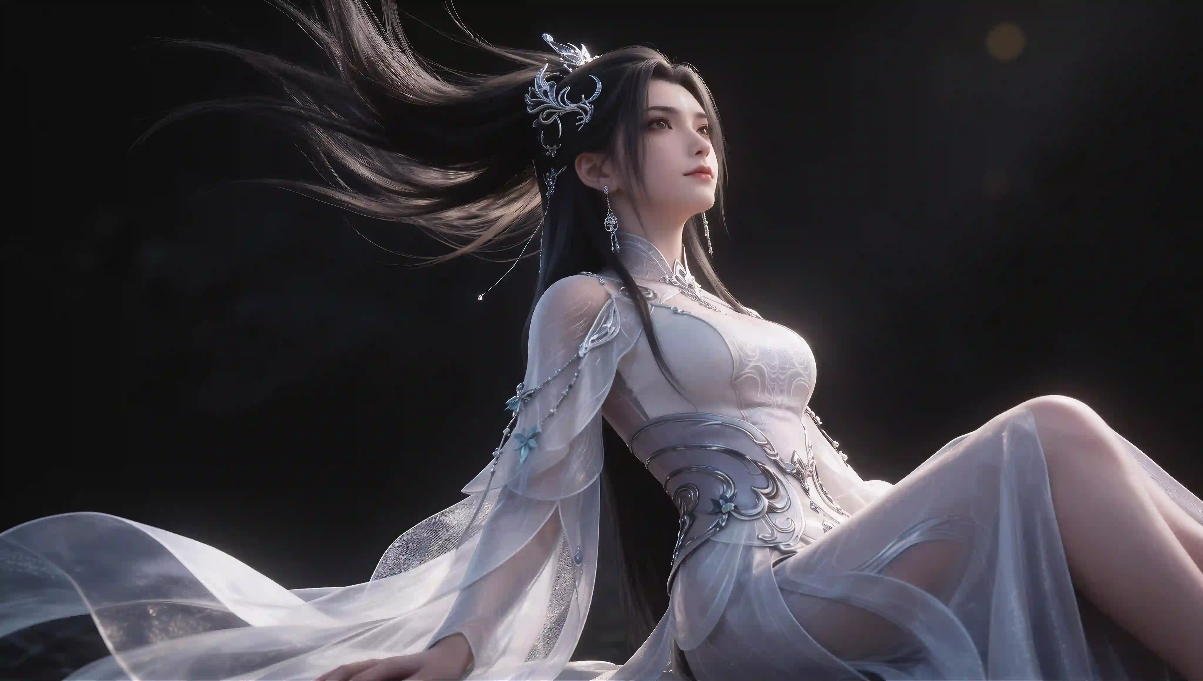 仙侠 古风美女 白衣女神 唯美壁纸 银饰 薄纱长裙 3D艺术 人像摄影