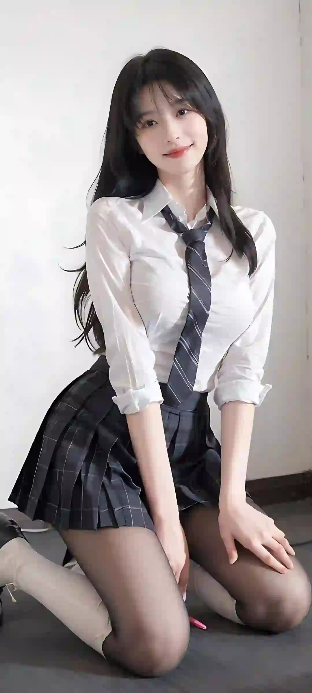 长发美女 jk穿搭 丝袜 黑丝 黑色丝袜 甜美 微笑