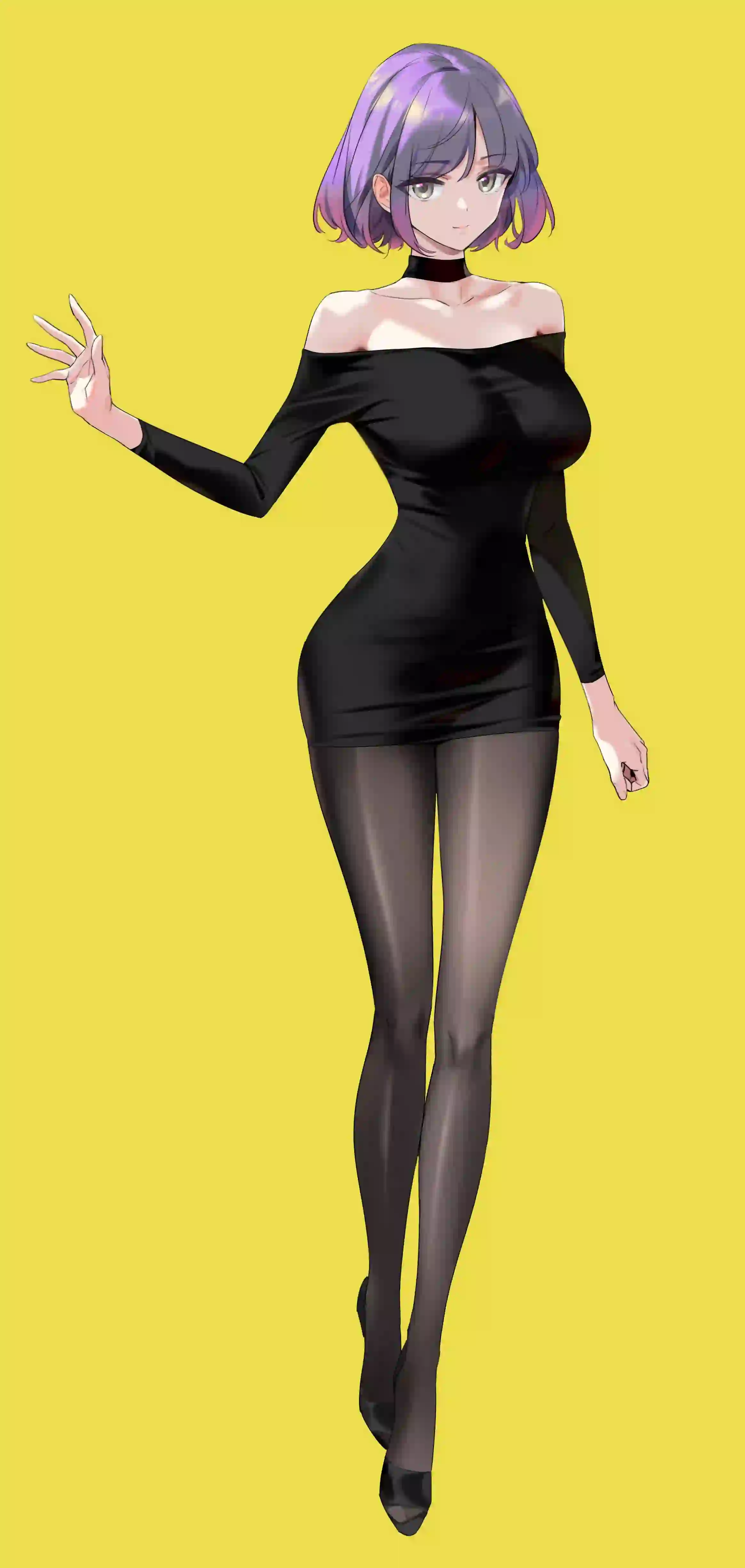 动漫女孩 黄色背景 长腿黑丝动漫女孩 紫色头发