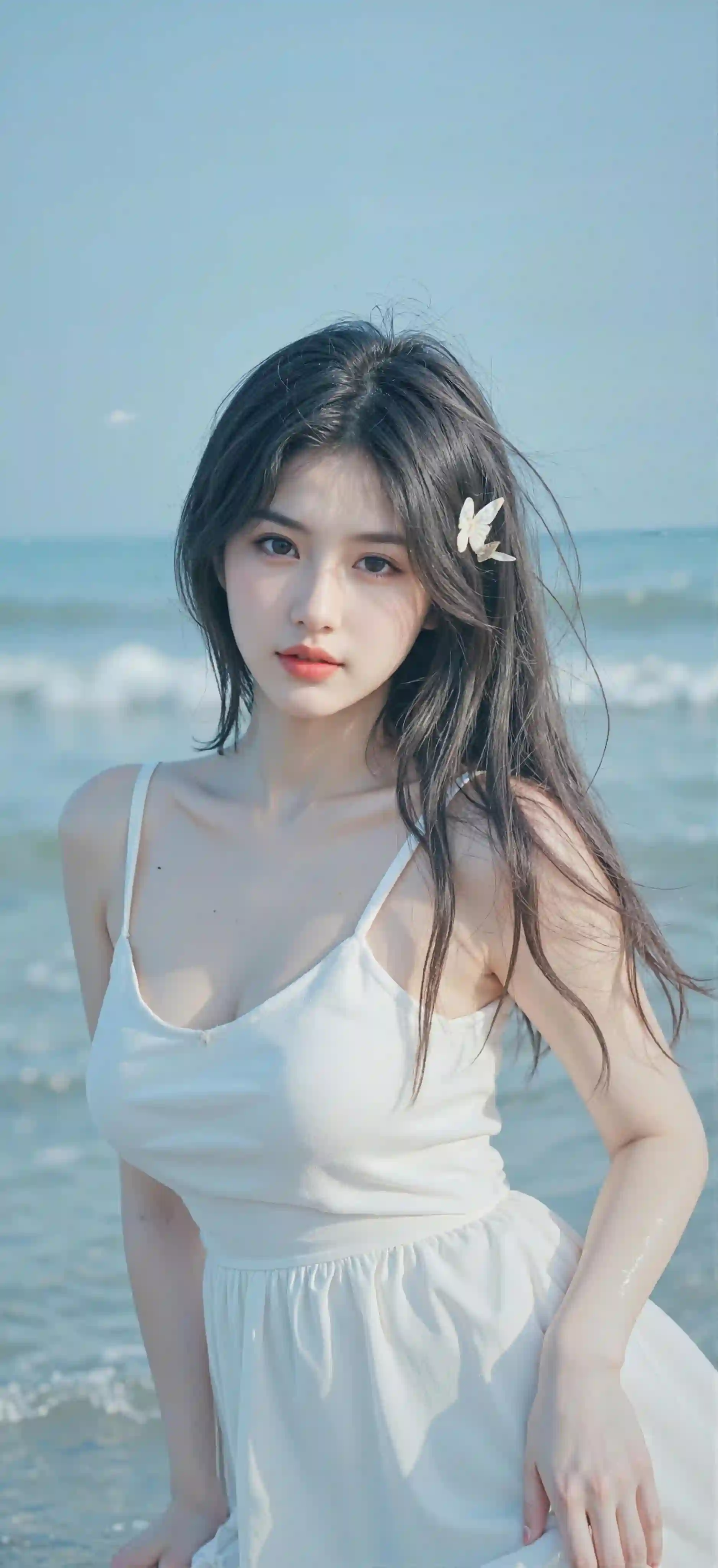 长发美女 可爱美女 白色吊带美女 型美女 海边 白色长裙