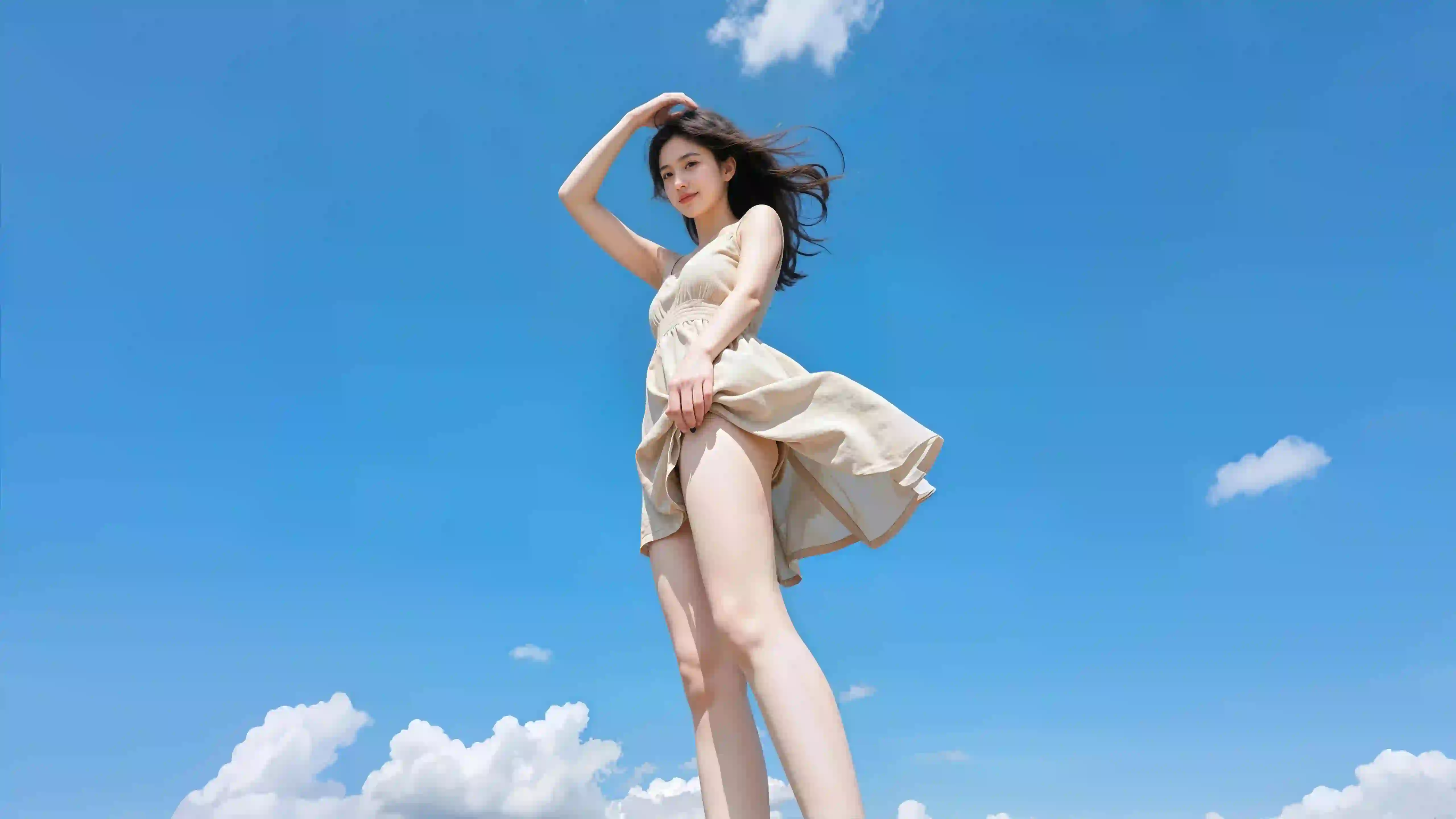 蓝天白云下的长发女孩 长腿女孩 ai