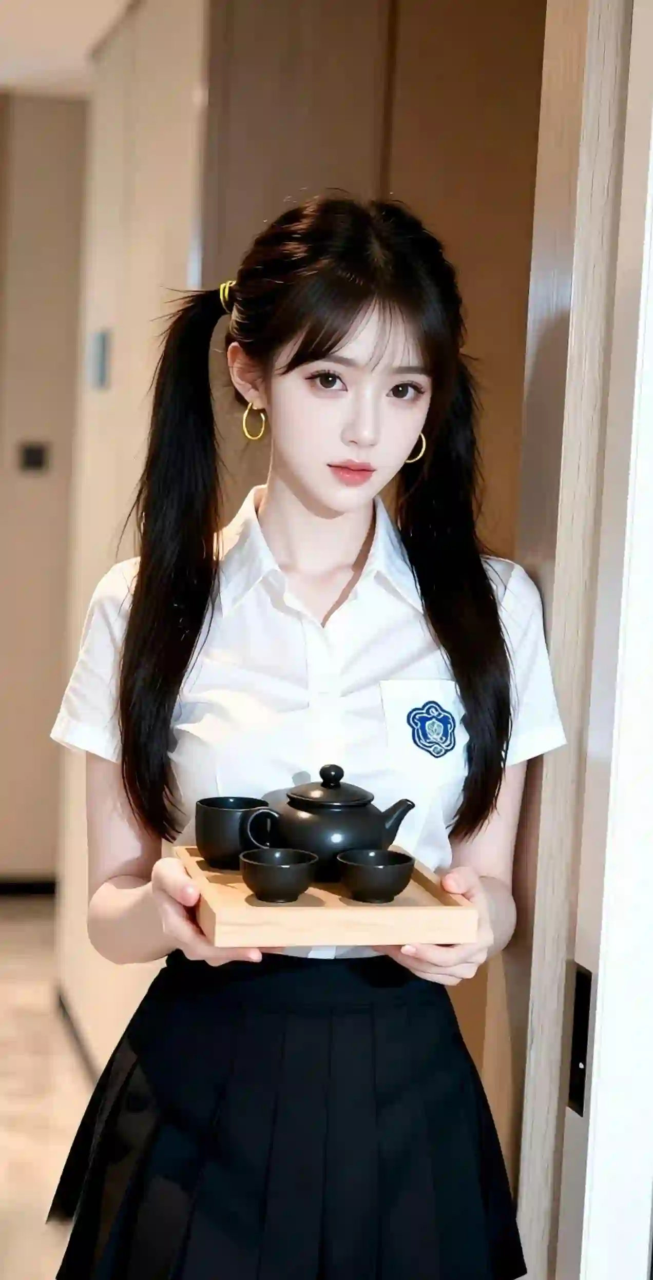 长发jk美女 白色衬衫 双马尾 茶