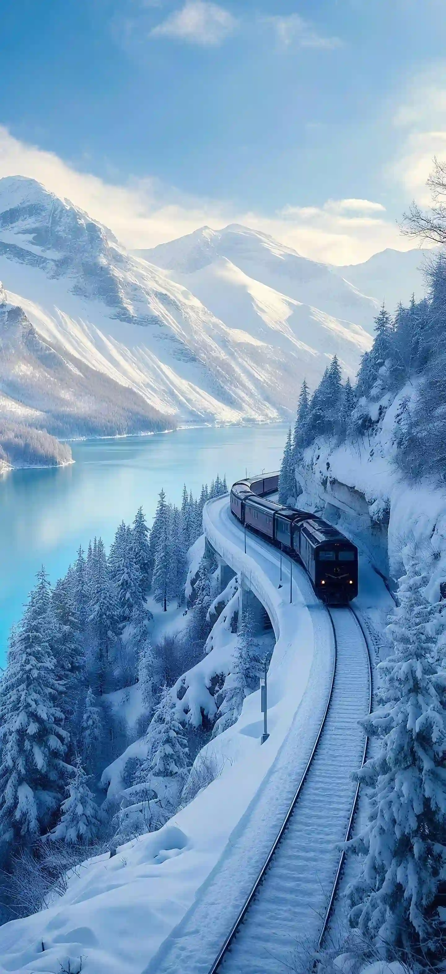 冬季雪山 列车 铁轨 湖泊 雪景 自然风光