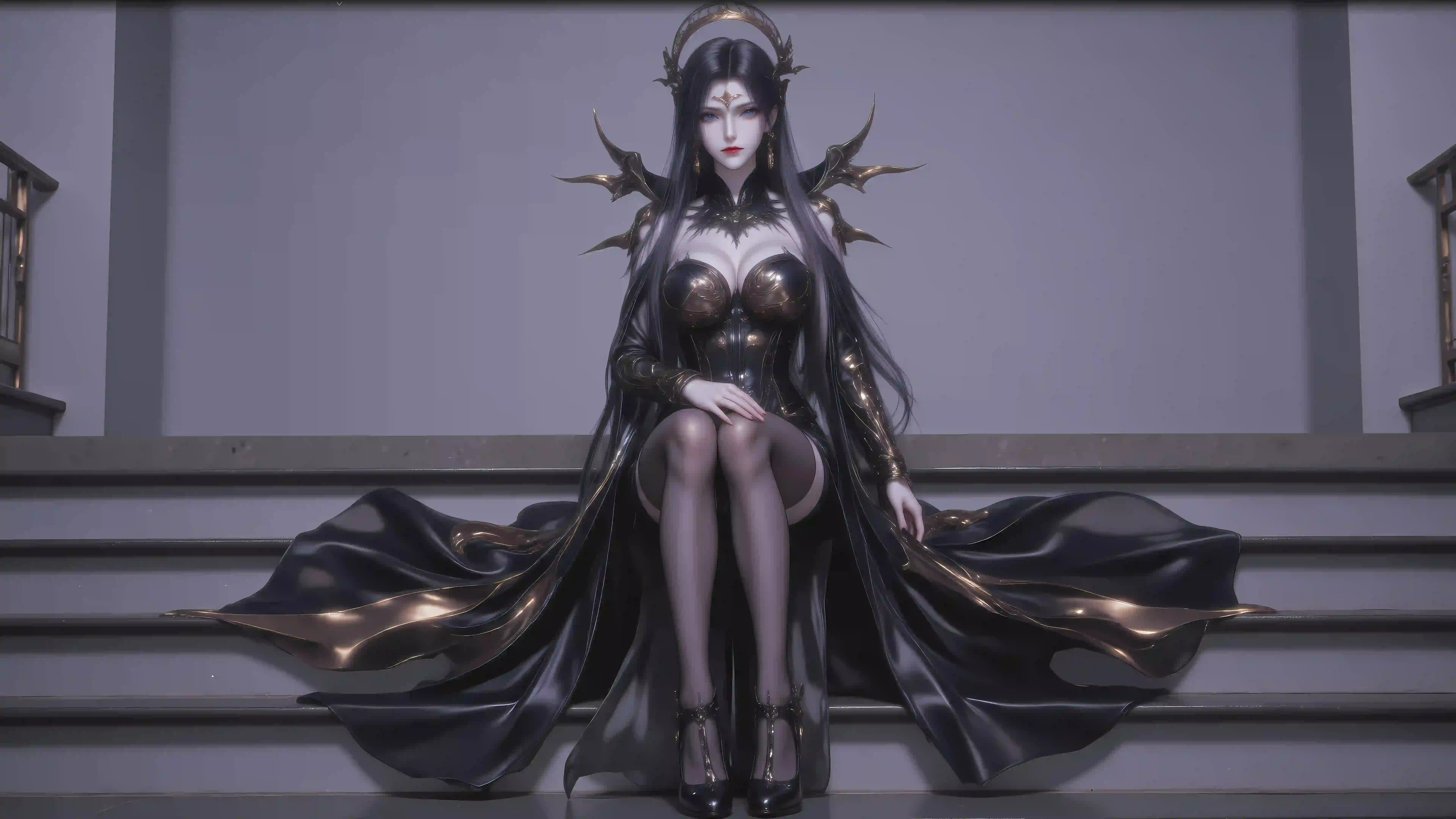 丝袜 恶魔翅膀 黑丝高跟 黑色长裙