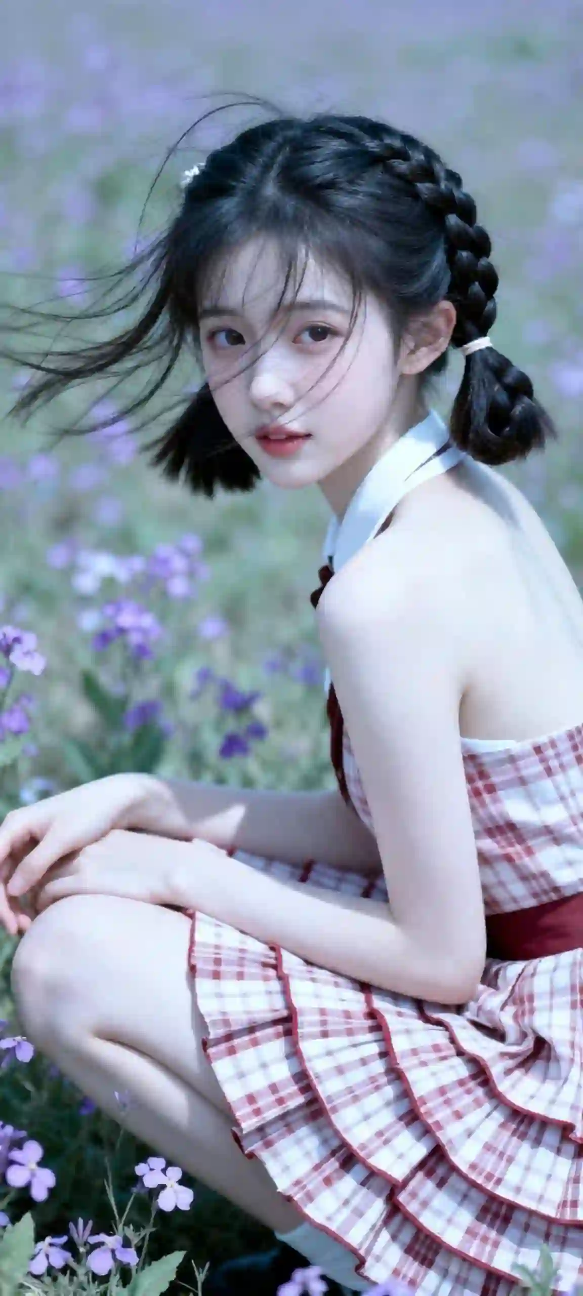 美女 花田 麻花辫 格纹裙 清新 少女 写真