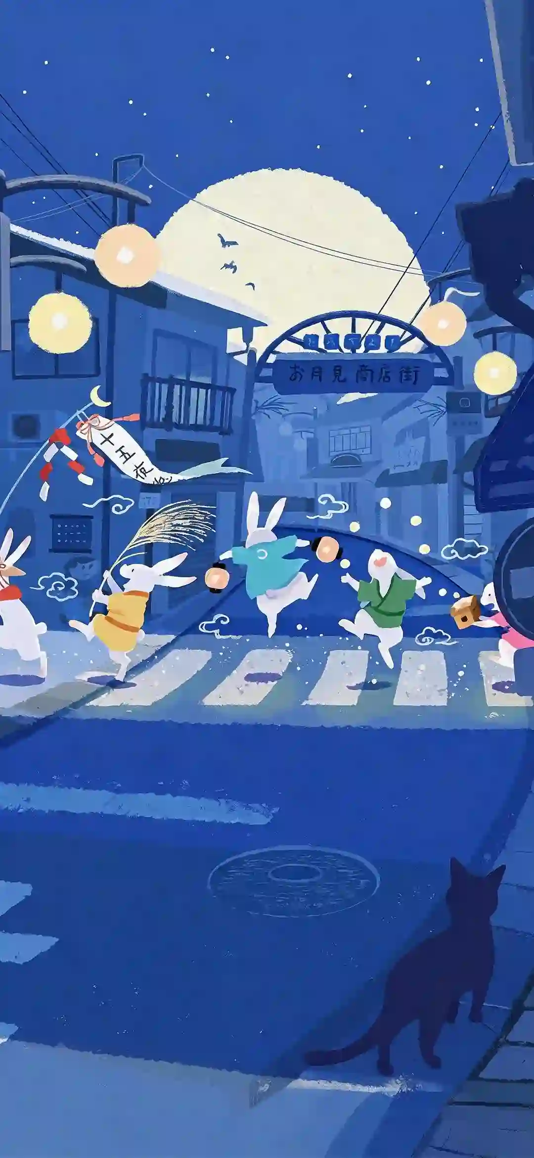 月夜 商店街 兔子祭典 插画壁纸 可爱卡通