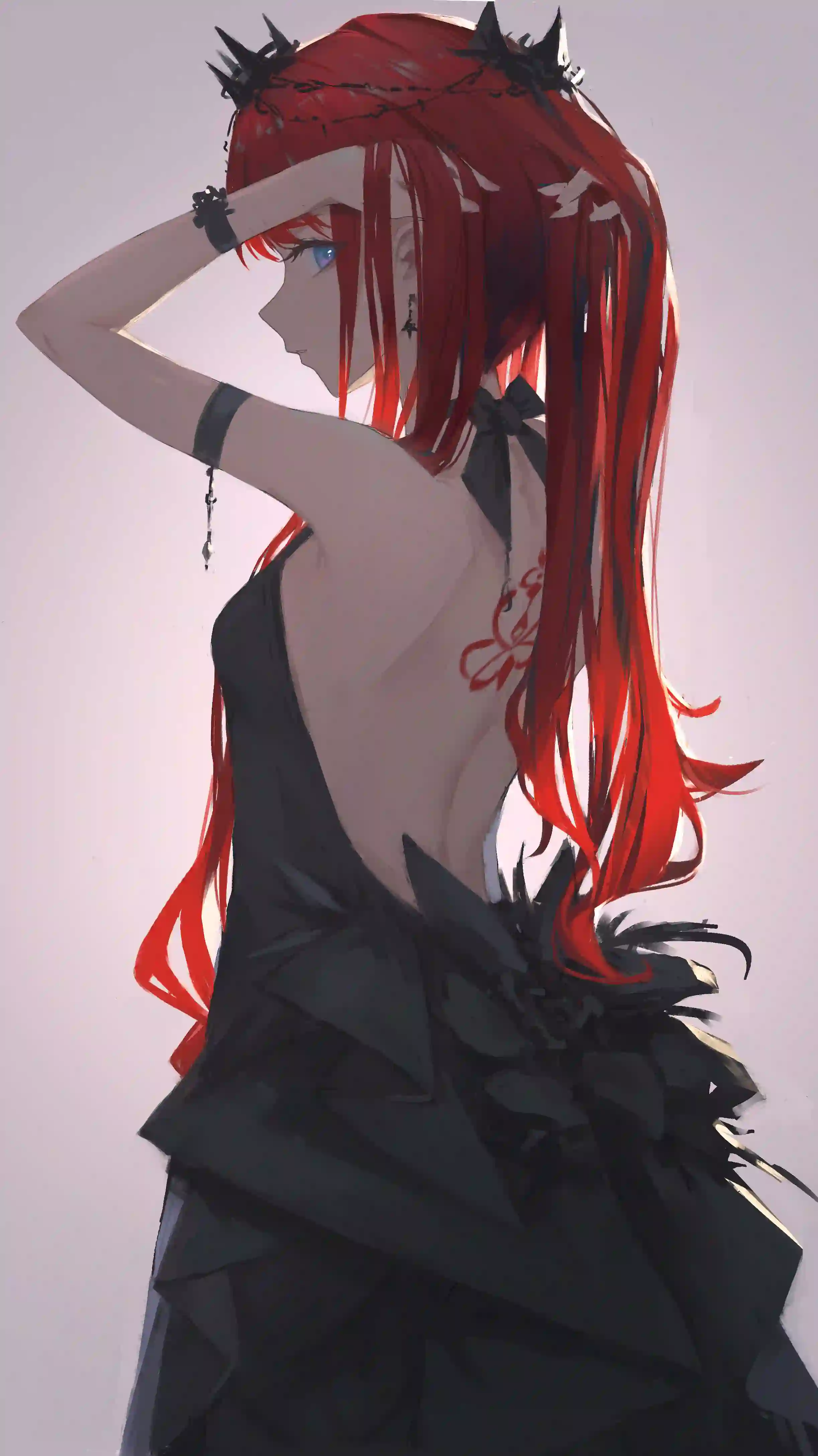 红发少女 黑色礼服 暗黑风格 插画 背影 长发动漫