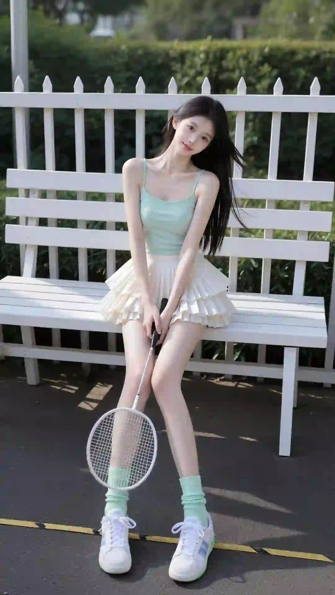 长发美女 小清新 羽毛球 运动 吊带