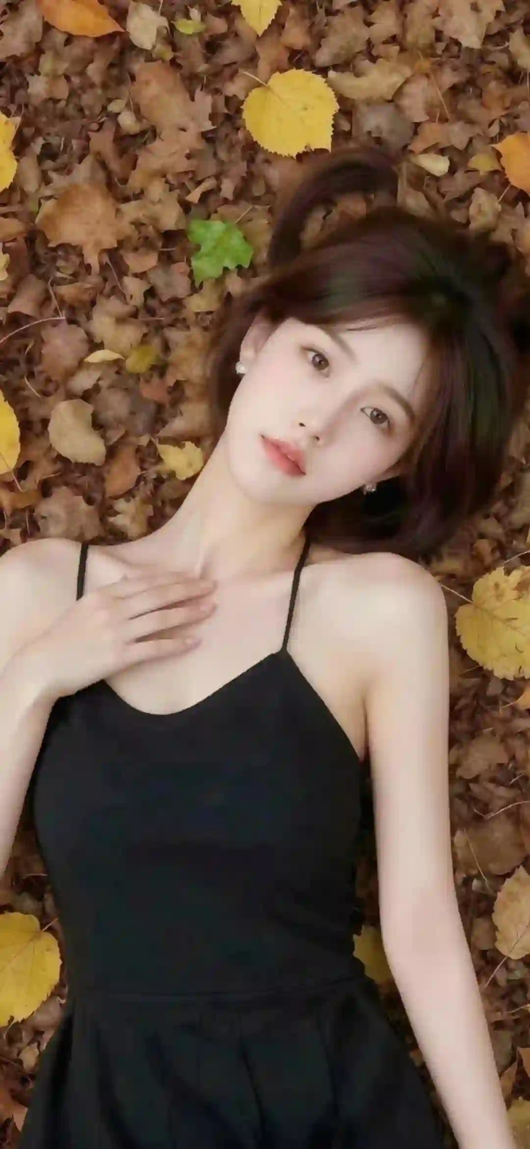 长发美女 黑色吊带 躺在地上的长发性感美女 秋天 落叶