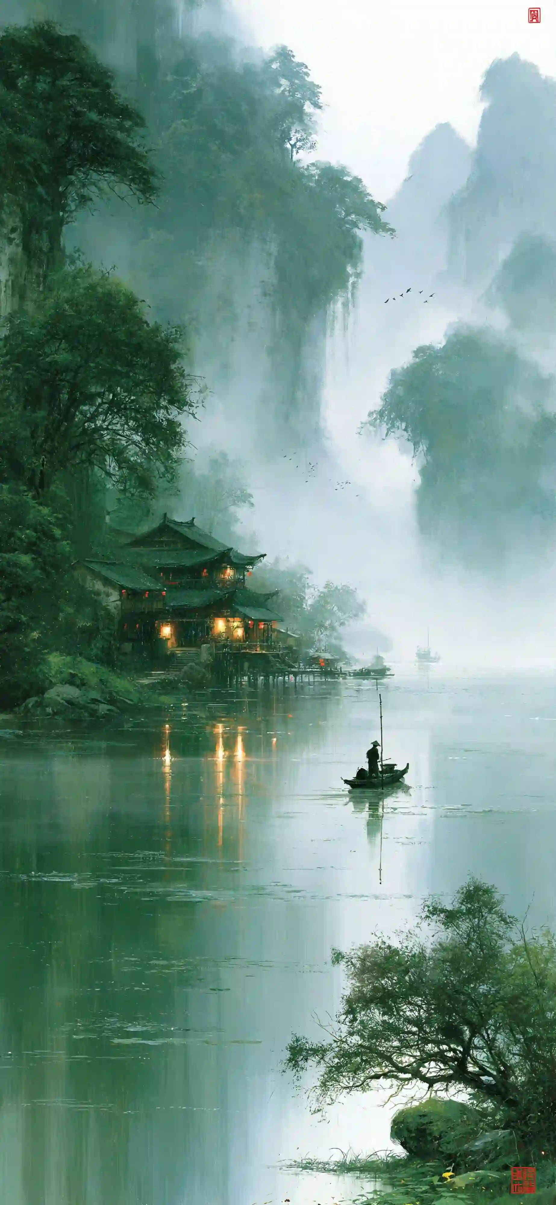 水墨画 山水 古风 江景 治愈风景 自然风光 意境