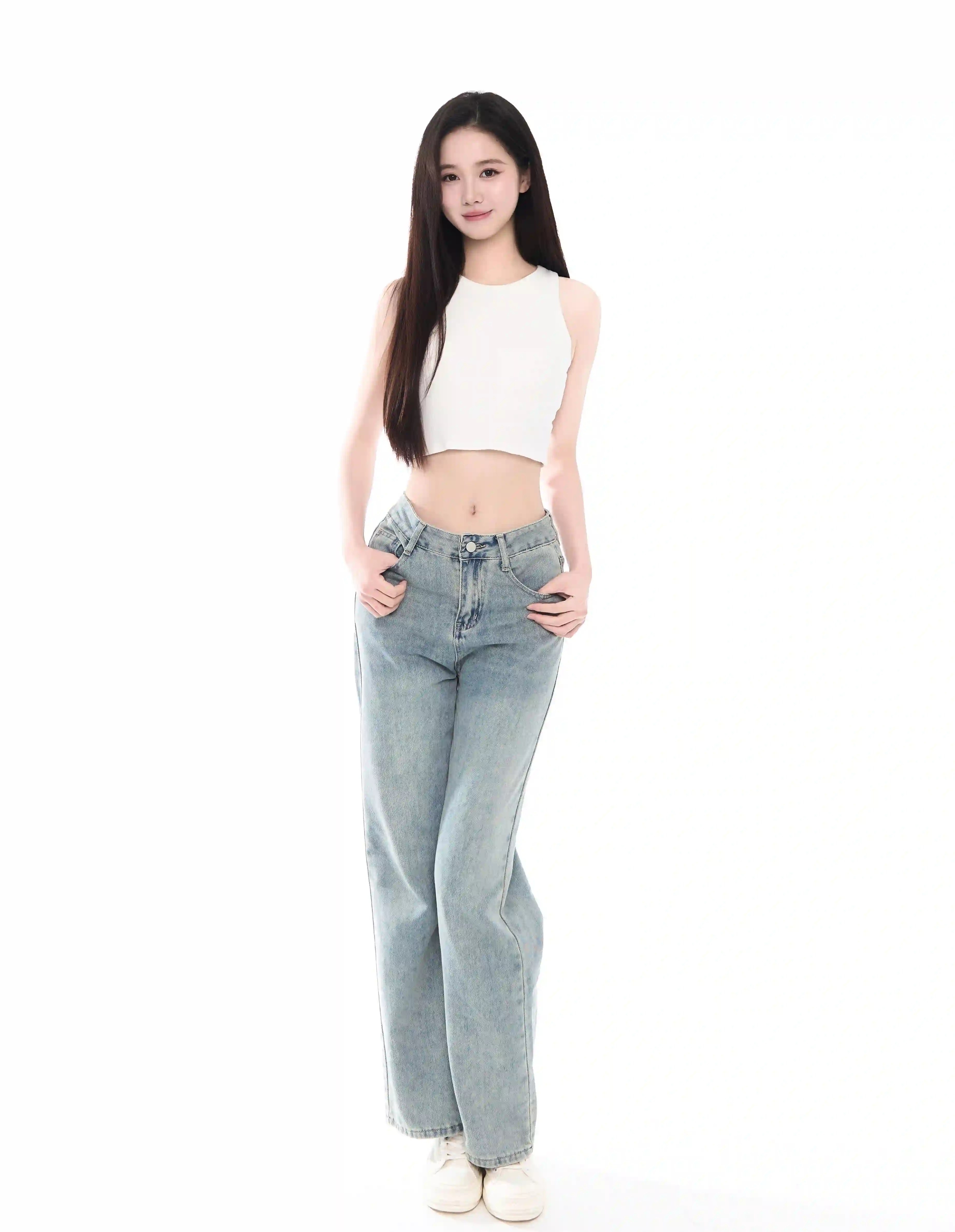 长发美女 白衣牛仔裤女孩 可爱 美女