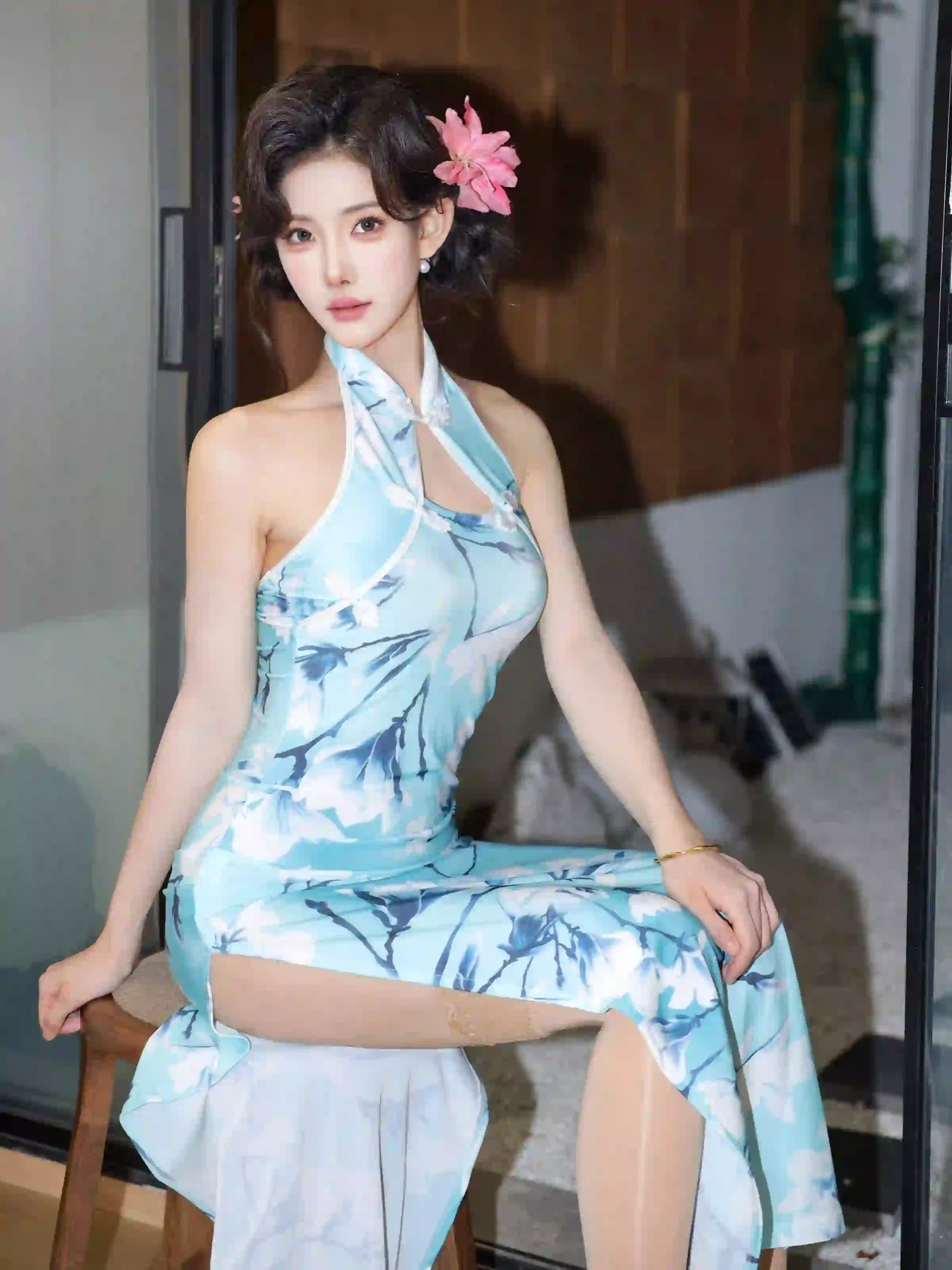 长发古风美女 古风 旗袍 蓝色旗袍 长发美腿