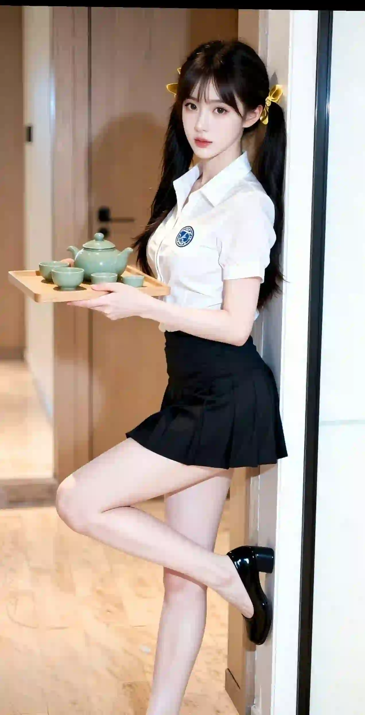 双马尾女孩 jk穿搭 白色衬衫 黑色短裙 教室场景