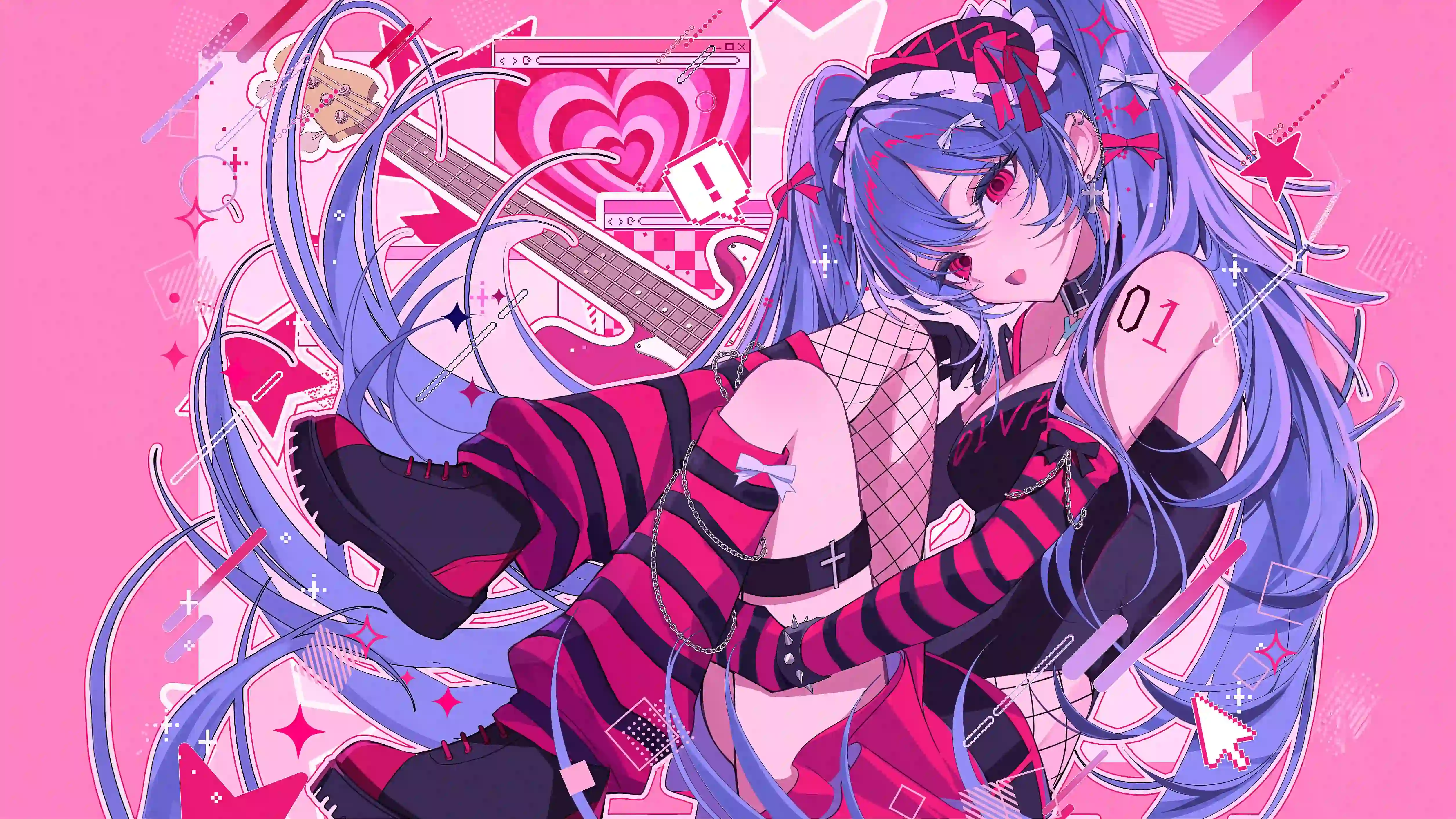 动漫 蓝发女孩 初音未来 条纹裤子 动漫女孩 二次元